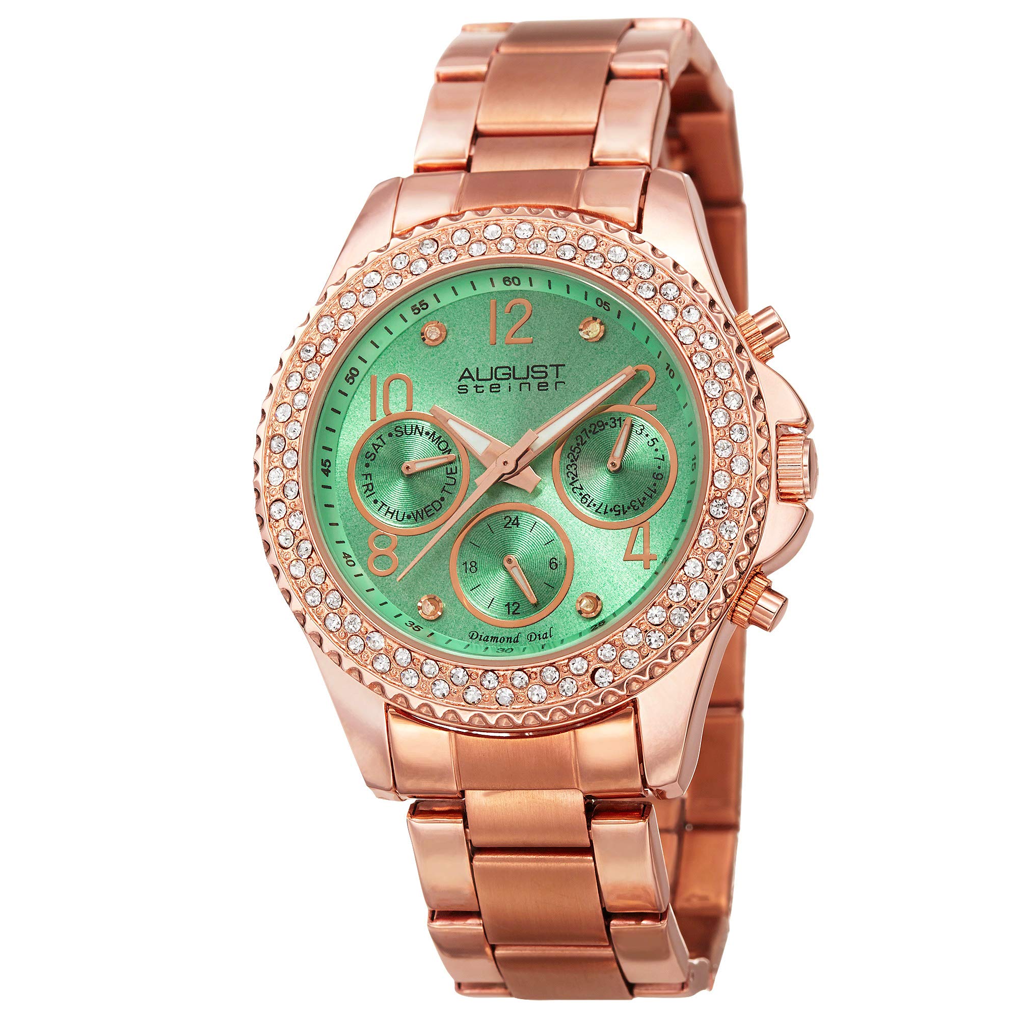 August SteinerWomen's Multifunction Crystal Bezel Fashion Watch - Green Sunburst Diamond Dial with Day of Week, Date, and 24 Hour Subdial on Rose Gold Tone Stainless Steel Bracelet - AS8136