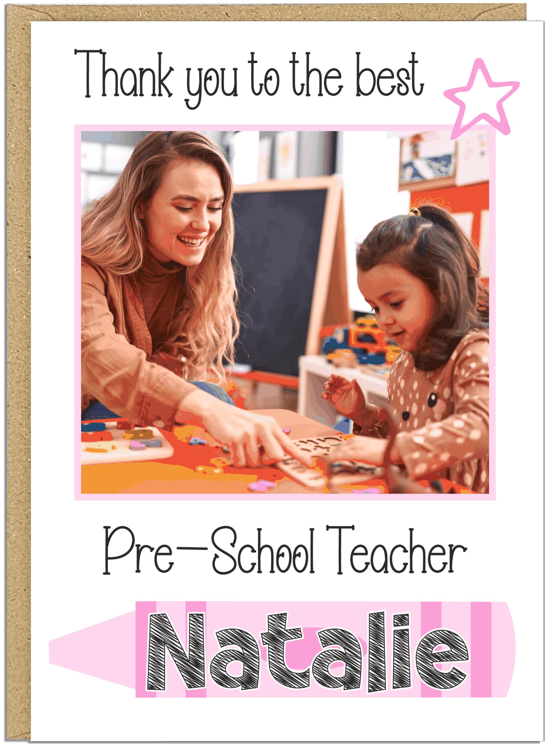 Personalised Photo Thank You Nursery Teacher Card - Own Name - Custom Text Under Photo - 8 Colour Options - For Pre-School Nursery Appreciation Cards For Nursery Staff Keyworkers Helpers, Pink