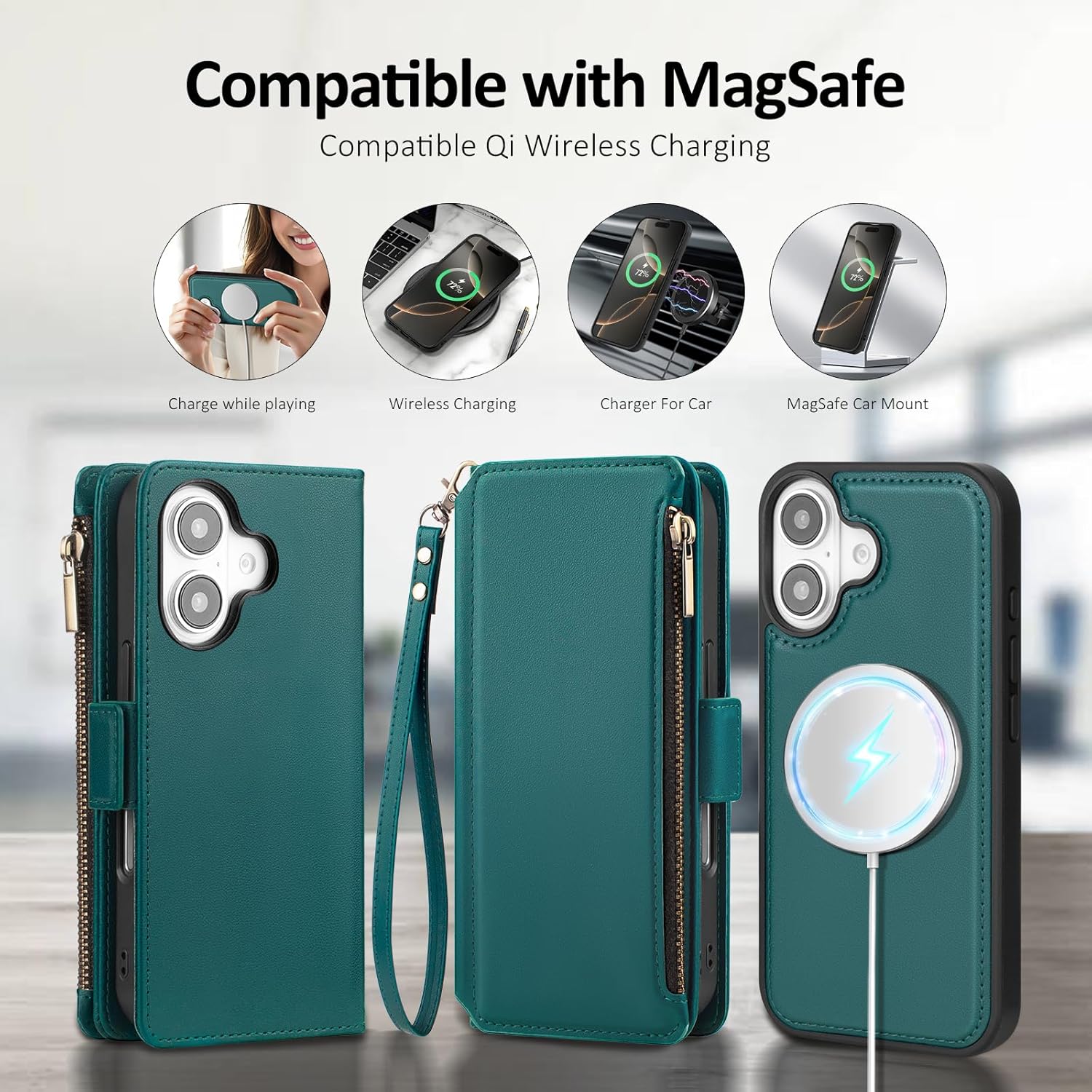 Antsturdy Compatible with Magsafe Magnetic 2 in 1 Detachable iPhone 16 Wallet Case with Credit Card Holder Slots,PU Leather Flip RFID Blocking Phone Cover Wrist Strap Zipper Women Men,Indigo Blue
