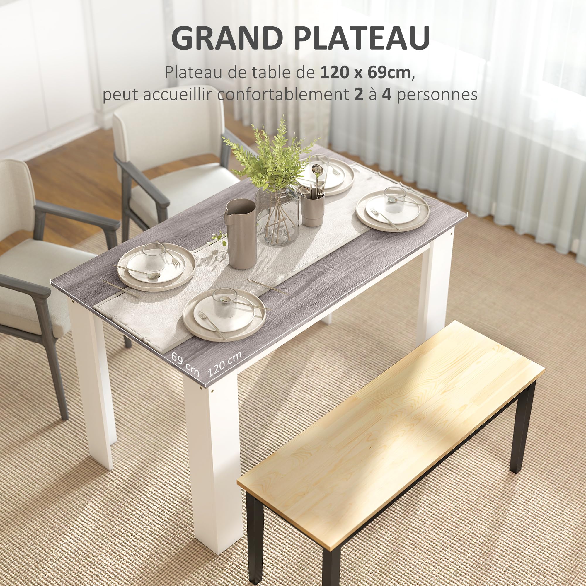 HOMCOM Table à Manger rectangulaire pour 4 à 6 Personnes, Table de Cuisine, 120 x 69 x 75 cm, Style Moderne, Pieds triangulaires Plus Stable, Gris et Blanc