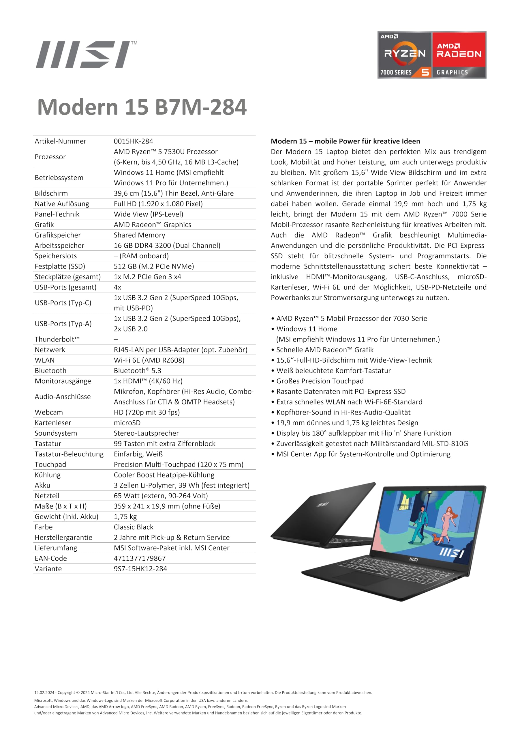MSI Modern 15 Lifestyle & Business Ordinateur portable, avec écran Full HD de 15,6 ", processeur AMD Ryzen 5 7530U, 16 Go de RAM DDR4, SSD 512 Go, AMD Radeon Graphics, Windows 11 Home, noir, B7M-284