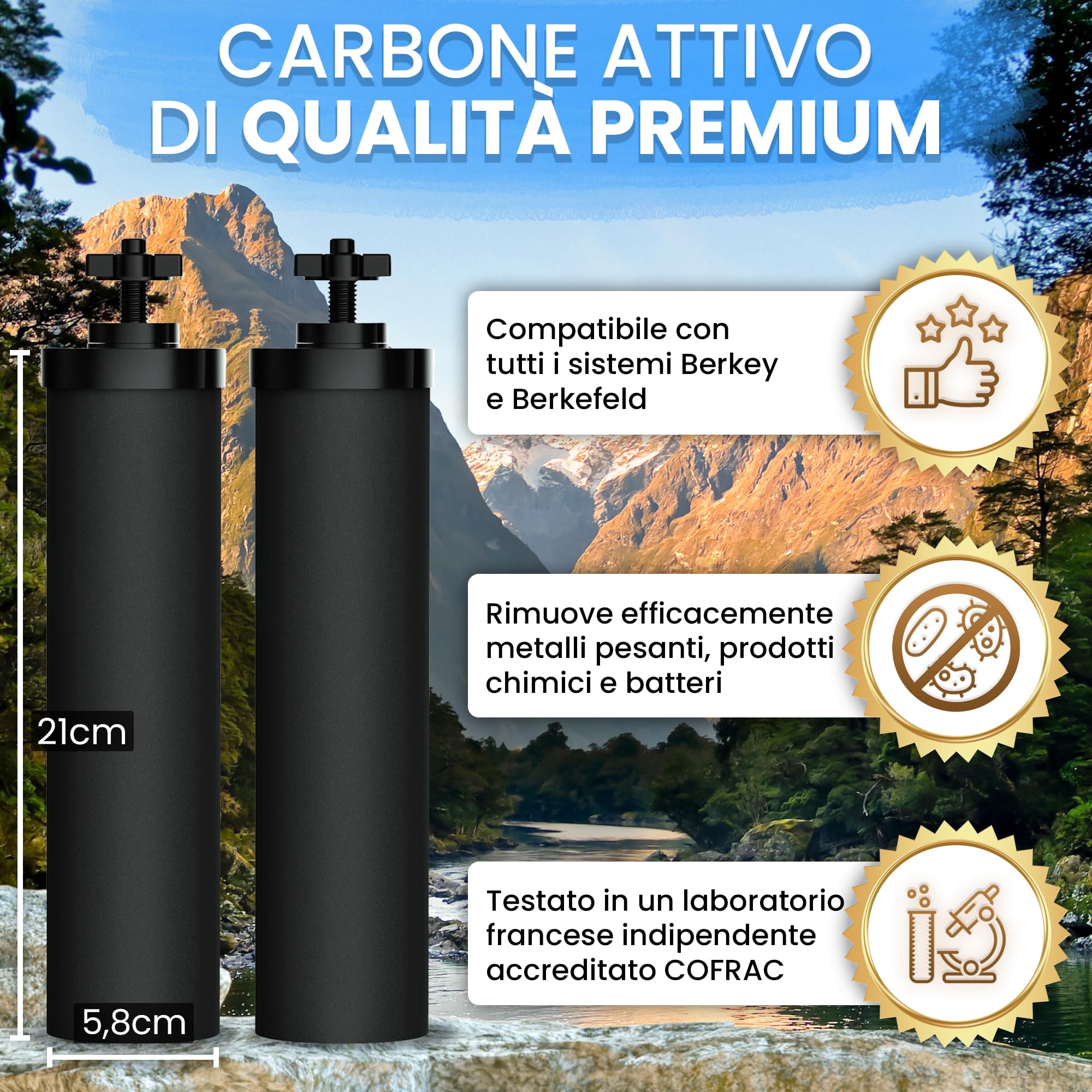 ORINKO® Filtro a Gravità per Acqua 5,6L - Purificazione Senza Elettricità per Casa e Campeggio - Microfiltrazione Metallo Inox con Cartuccia Carbone Attivo - Gusto Migliorato e Sicurezza per Famiglia