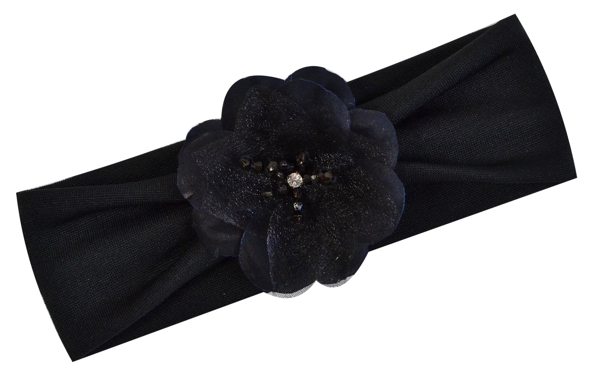 Baby Girls Flower Headband with Rhinestone Madeline Collection Fits Newborn to 12 Months (Black Flower/Black Band)
