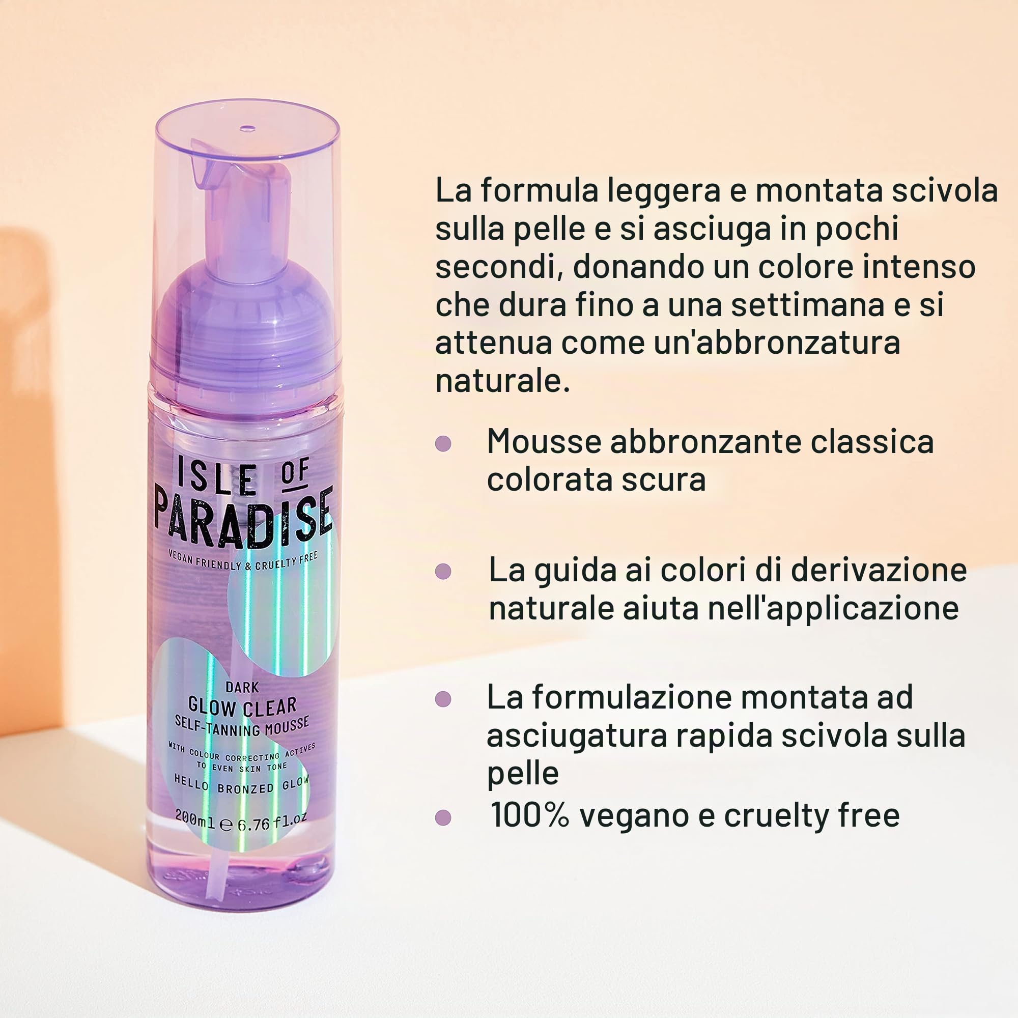 Isle of Paradise Mousse autoabbronzante, scura (200 ml) Glow Clear, schiuma autoabbronzante, ingredienti naturali e vegana (la confezione può variare)