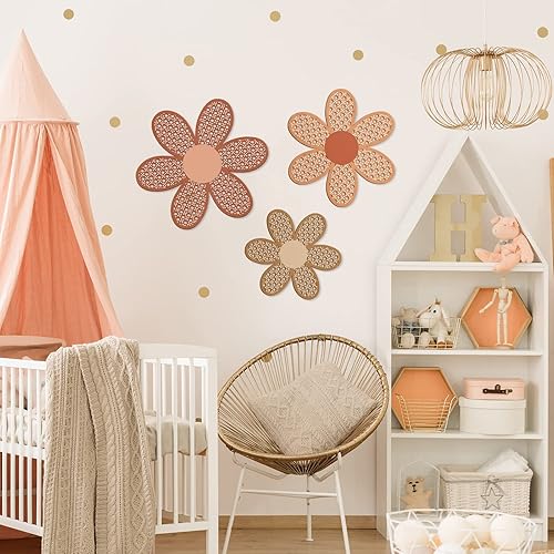 Miniatura 10 de Maitys Decoración de pared de margaritas bohemias de 3 piezas, flores de ratán natural, arte para colgar en la pared, arte bohemio de madera,