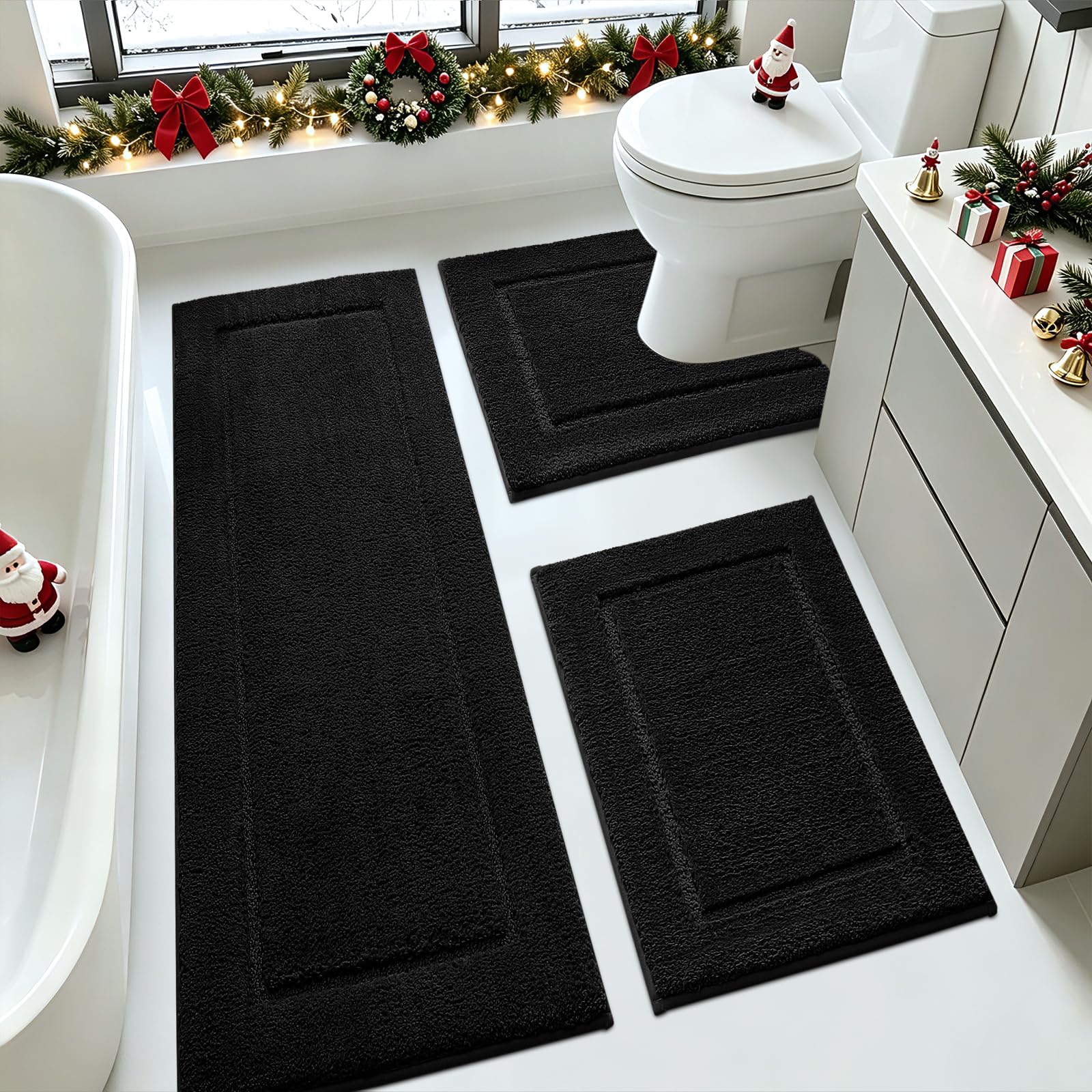 IM HOME Black Bathroom Rugs Sets 3 Piece, Ultra Soft Plush Fluffy Microfiber Absorbent Bath Mat, Non-Slip Backing, Machine Washable Bath Mats for Bathroom Floor, Tub, Toilet and Shower