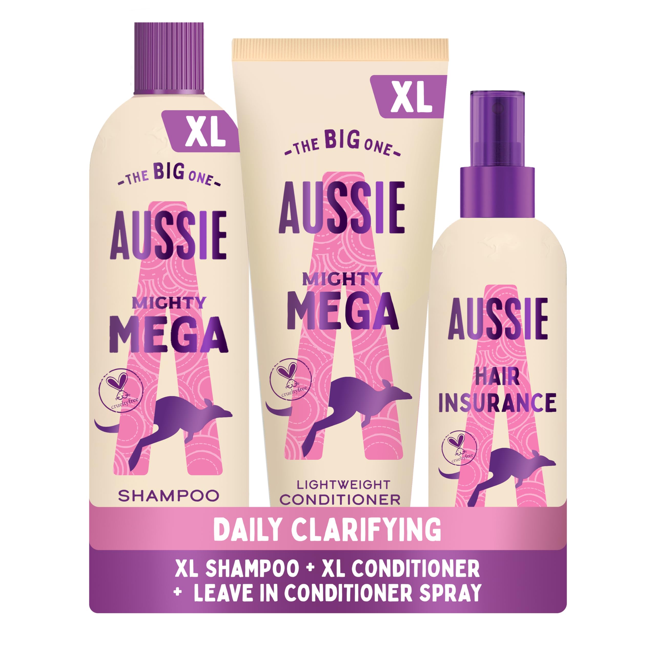 Aussie Bundle: Mighty Mega Shampoo 400ml and Lightweight Conditioner 275ml & Hair Insurance Detangling Leave-in Spray 250ml