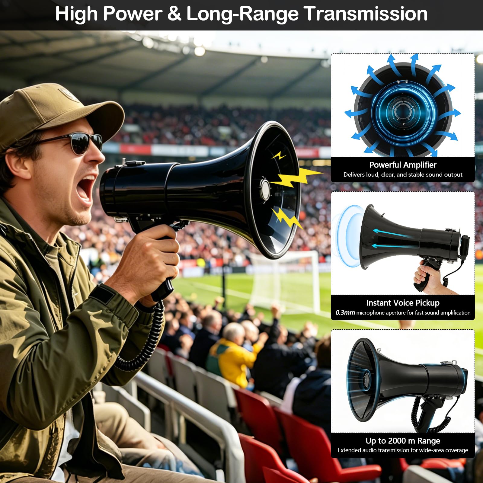 Megáfono 100W Bluetooth con Grabación, Triple Alimentación, 2 Baterías, Alcance 2000m, Sirena, Micrófono Externo, USB, Correa