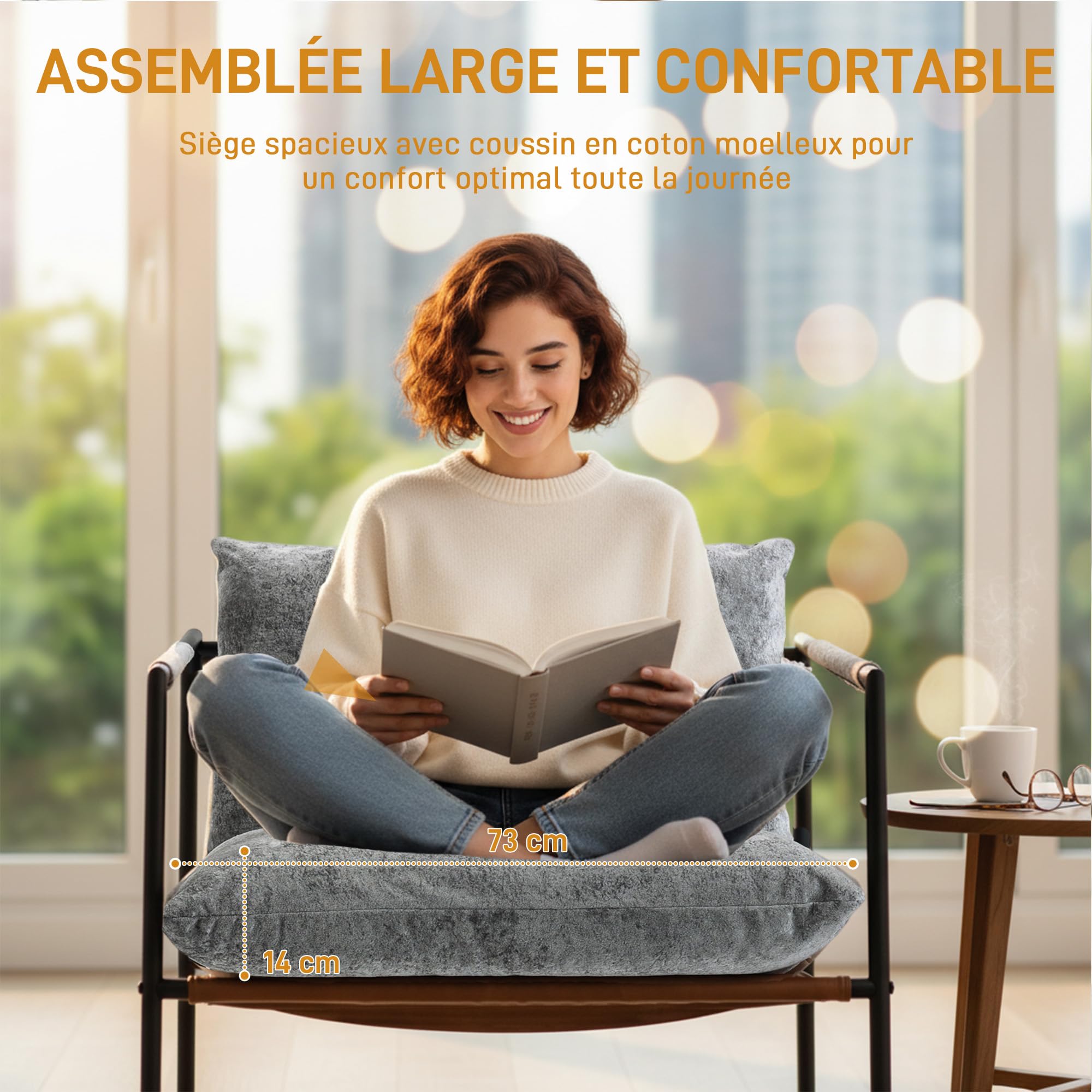 HOMCOM Fauteuil Salon, Fauteuil d'Appoint Rembourré en Tissu Bouclette avec Large Assise et Structure en Acier, Chaise de Salon, Chambre, Coin Lecture, Gris Clair