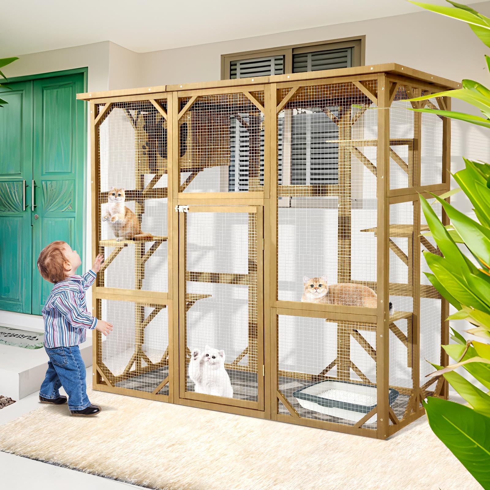 Large Outdoor Cat House Catio Kitty Enclosure with Large Enter Door, Wooden Cat Cage Condo Indoor Playpen with 6 Platforms & Small House (Nature Wood)