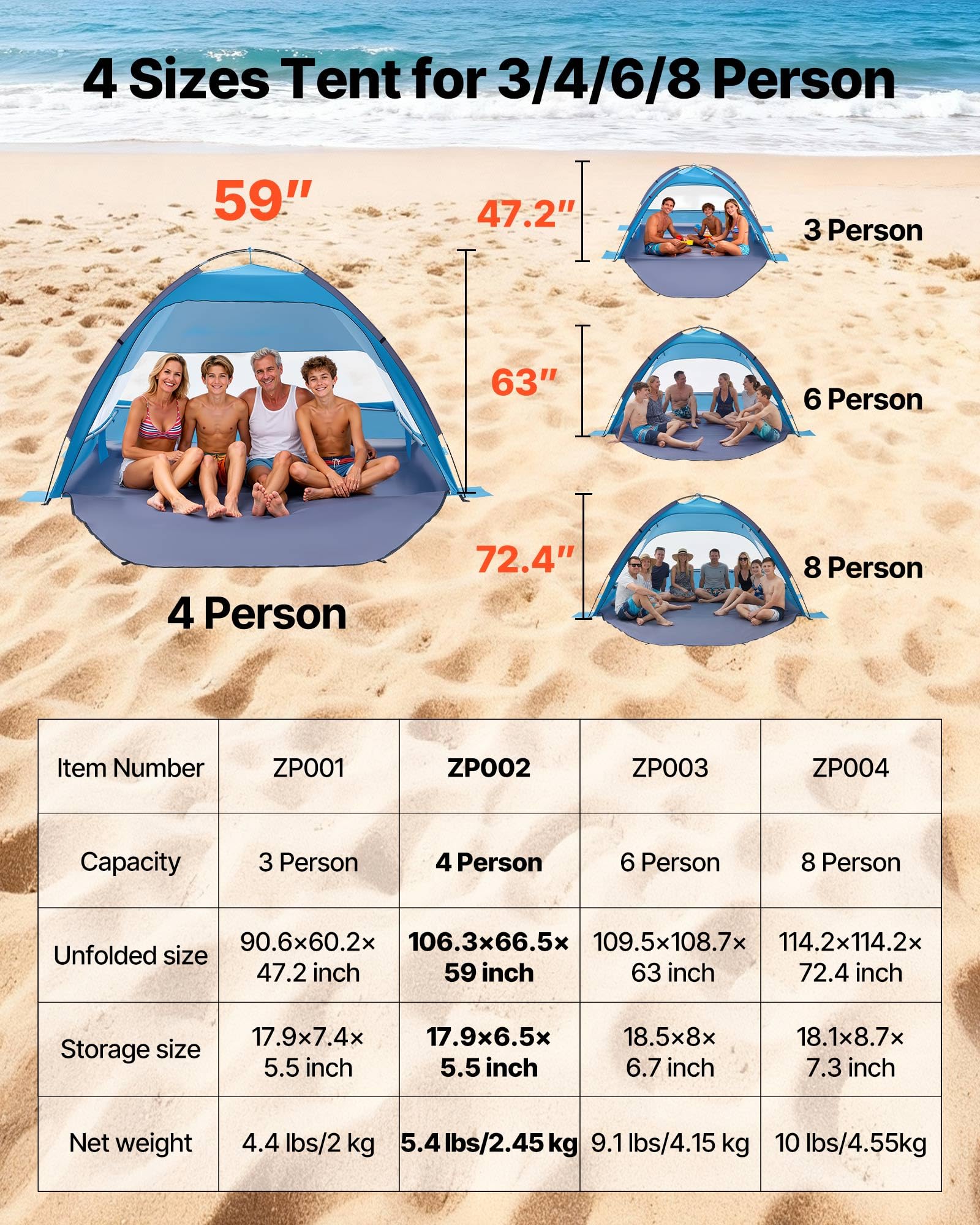 VEVOR Tenda da Spiaggia Parasole per Mare per 4 Persone, Tenda da Sole Portatile con Borsa per il Trasporto e Ancoraggi a Terra, Ombrellone da Spiaggia Leggero per Campeggio, Pesca, Picnic
