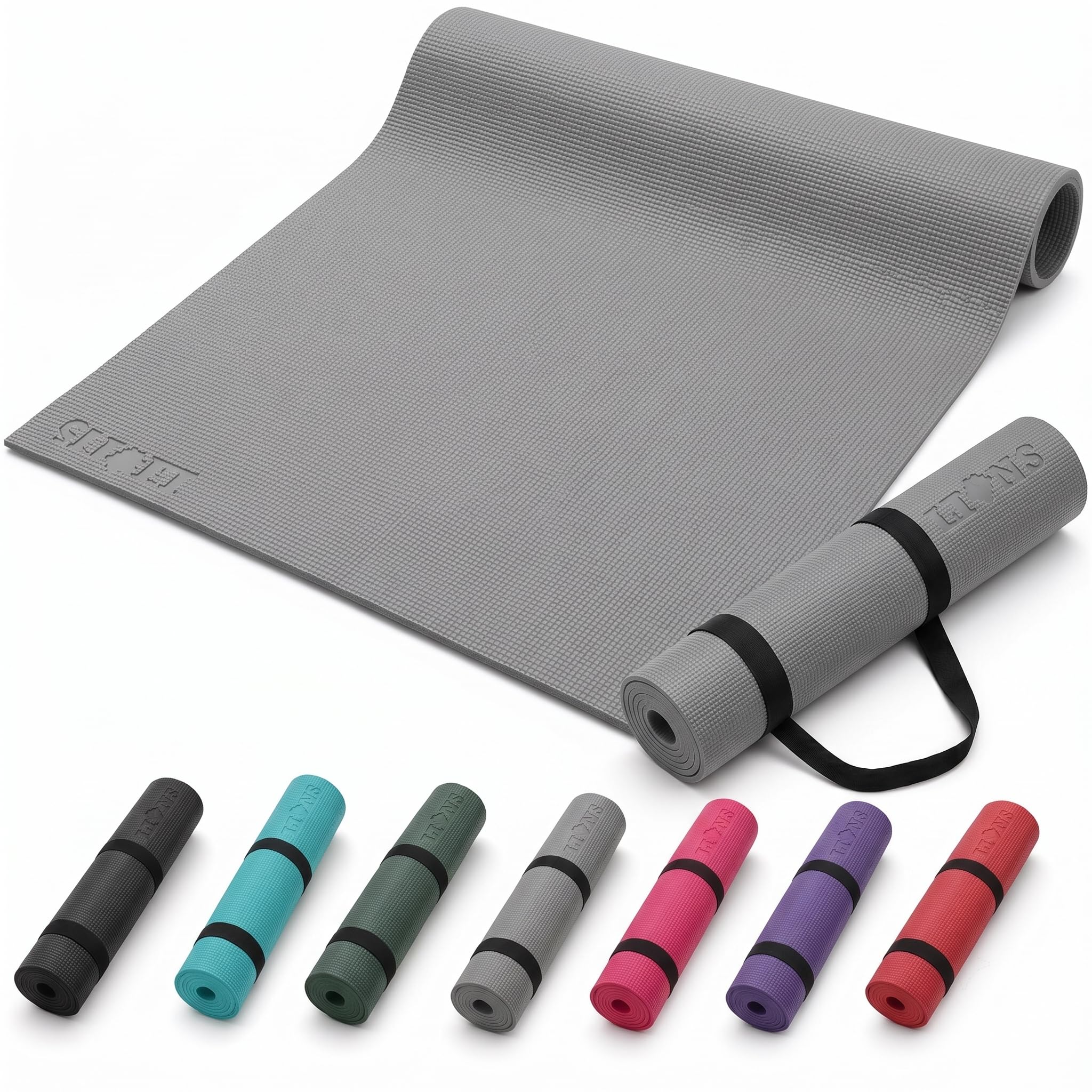 Lions Yoga Mat with Carry Straps - Premium Eco Friendly Exercise Mat 6mm Thick 181 x 61 x 0.6 cm, ideal for Gymnastic Stretching Gym Pilates Travel Home, Non Slip Workout Mat Men womens (Grey)
