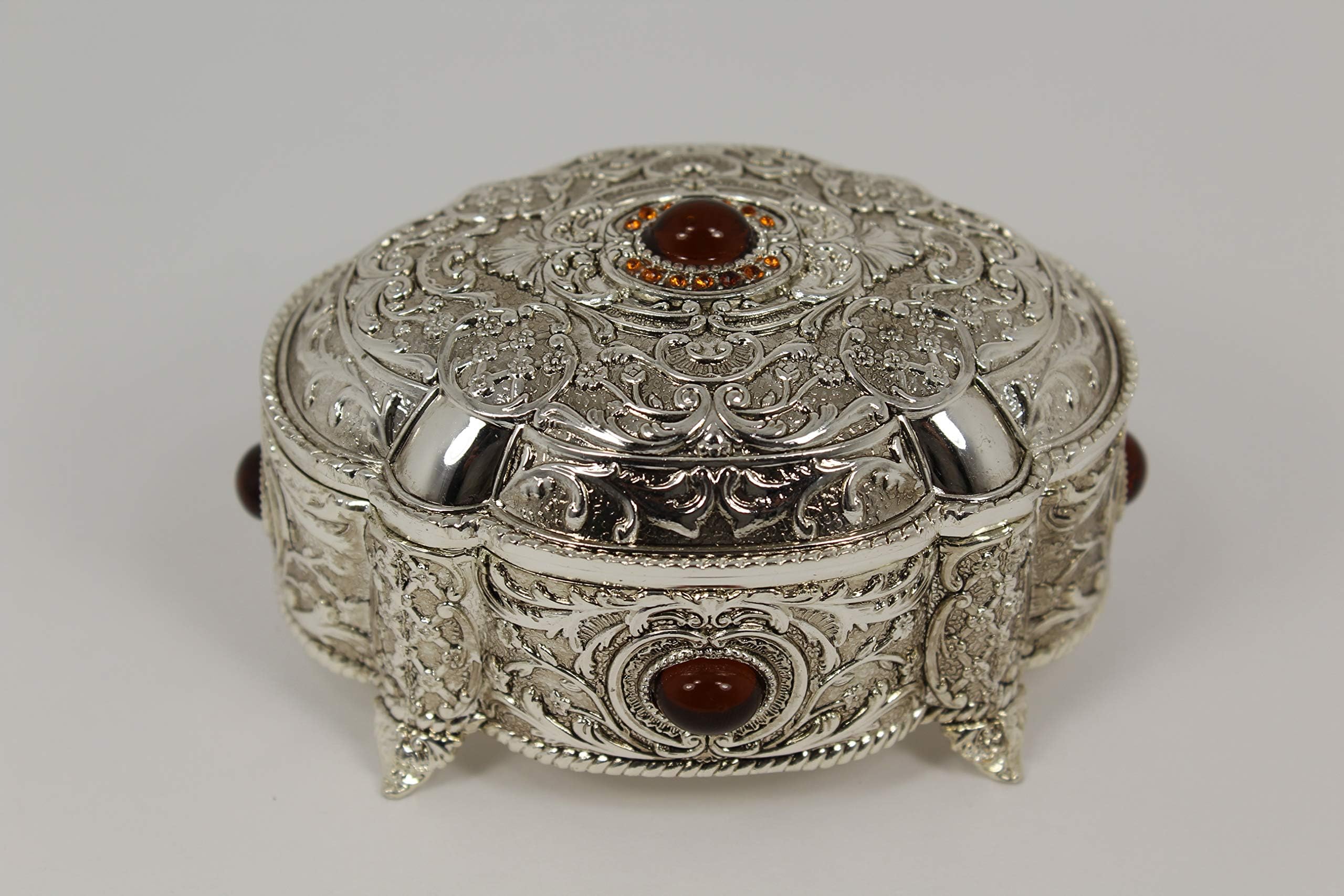 [GiftsNMemories (S) Leaf Silver Plated Jewelry Box with Gemstones, Champagne] Wedding Ring Box, Ring Bearer Pillow, Gemstone Jewelry Box, Engagement Gift, Favor Box, Trinket Dish