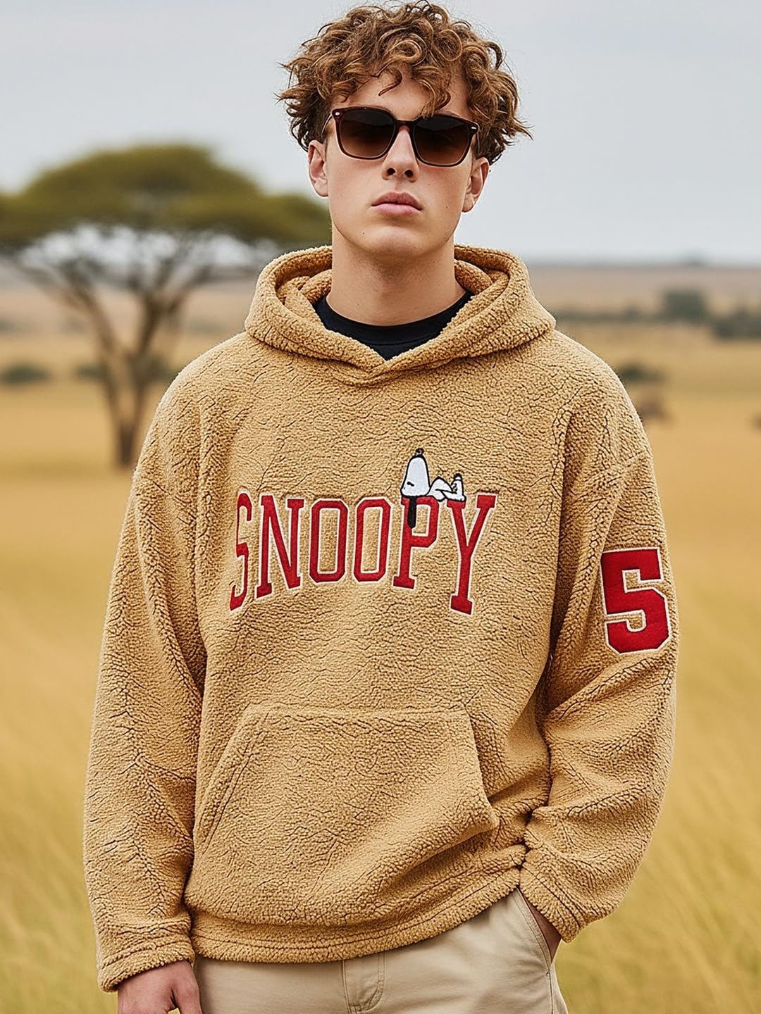Bewakoof Męski sweter z kapturem Typografia, Oversize_596782_Brown_S