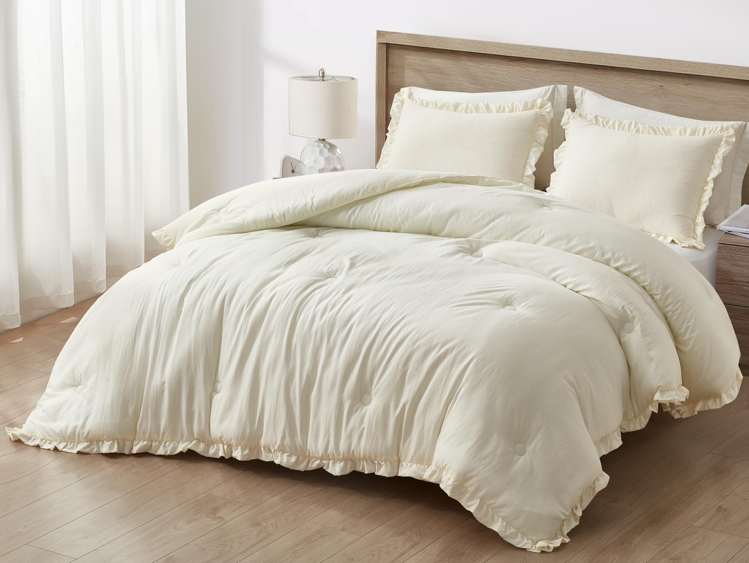Chezmoi Collection Nora Ivory Comforter Set Twin Size 2-Piece Lightweight Soft Stone-Washed Ruffled Shabby Chic Bedding for All Season