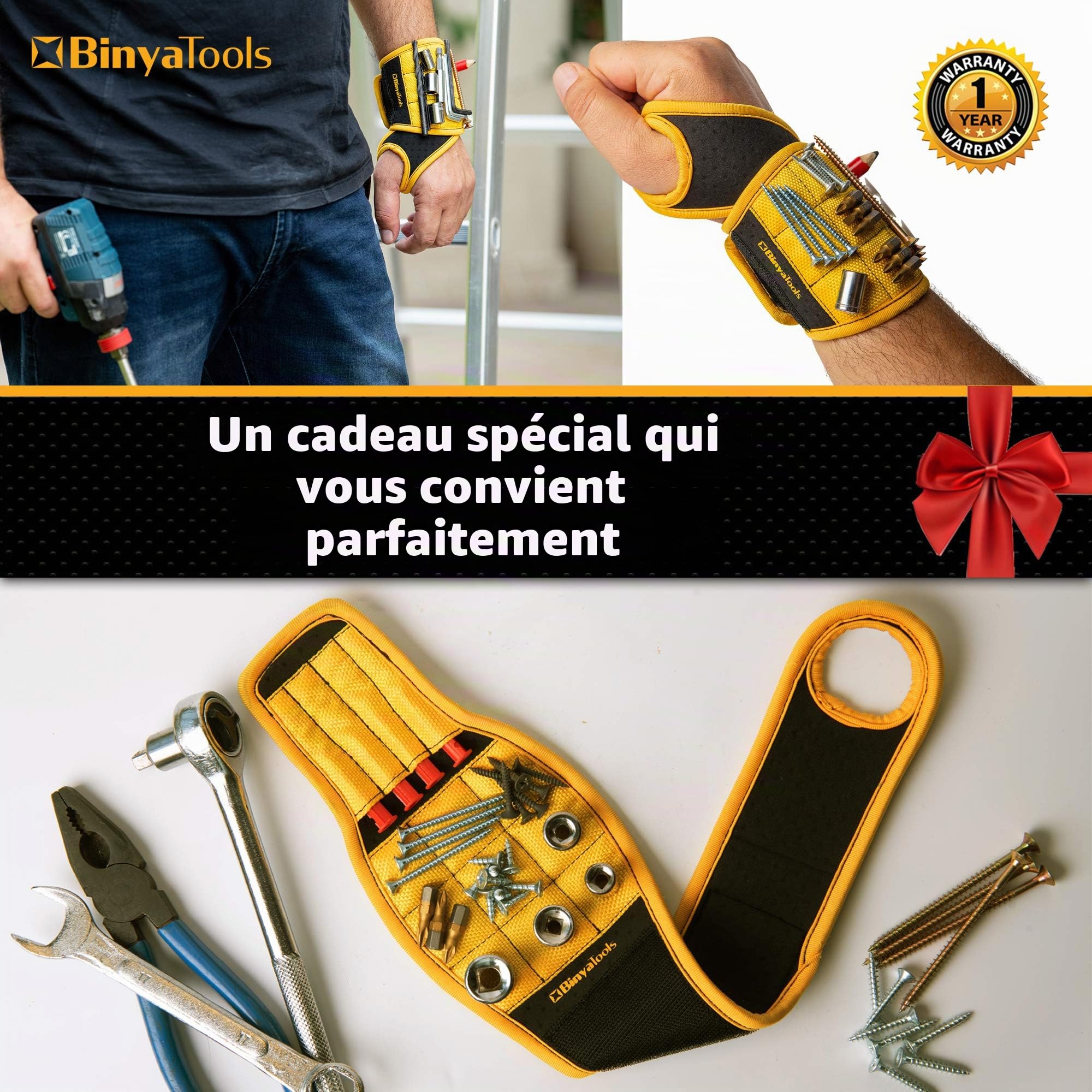 BINYATOOLS Bracelet magnétique avec aimants super puissants pour vis, clous et forets. Support de poignet au design unique pour père, petit ami, bricoleur, électricien, entrepreneur