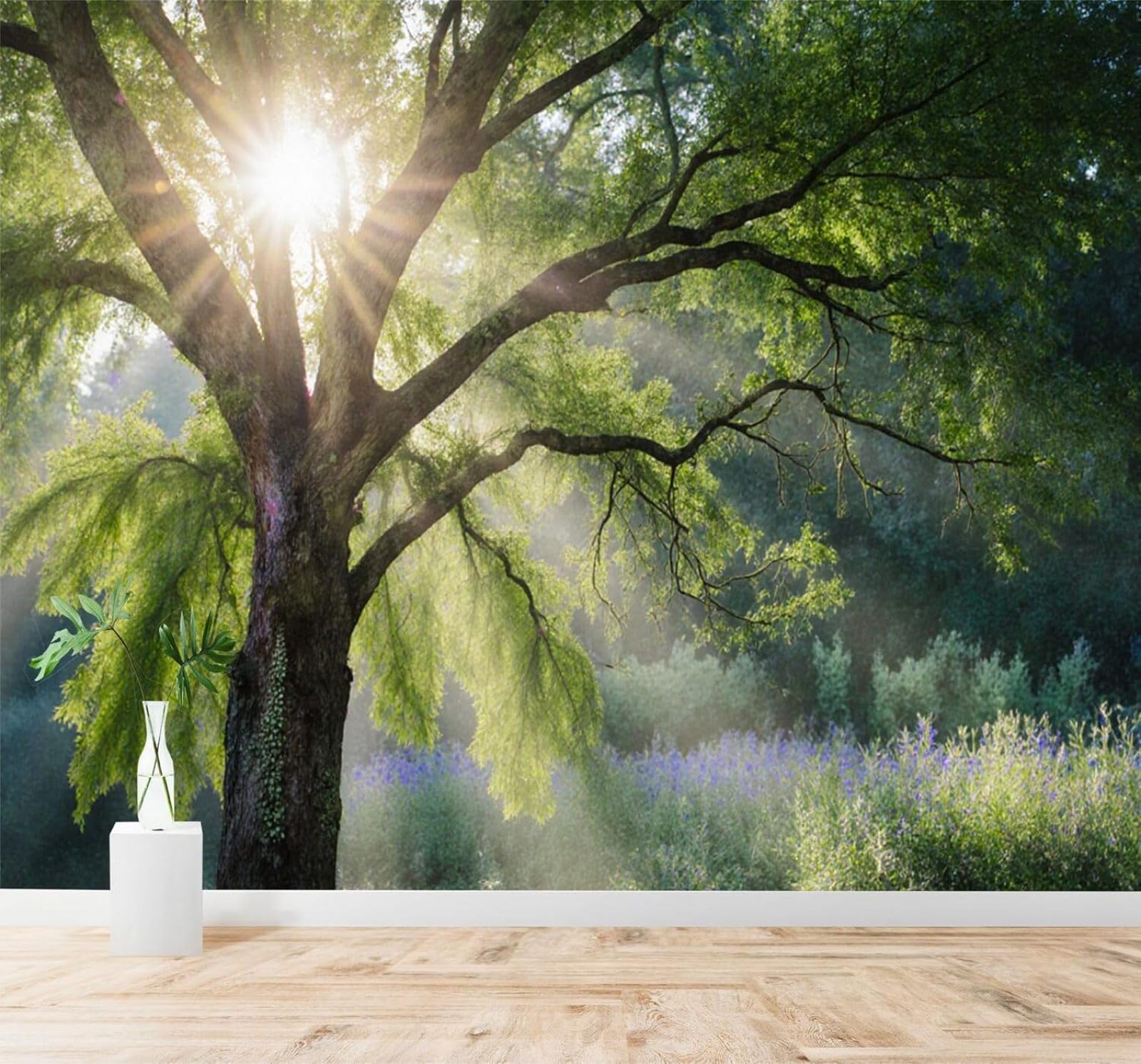 XLMING Sunlight Green Trees Forests Wildflowers Morning Mist 3D Wallpaper Premium Textured Silk Study Dining Living Room Bedroom Sofa TV Wall Easy Install-400cm×280cm