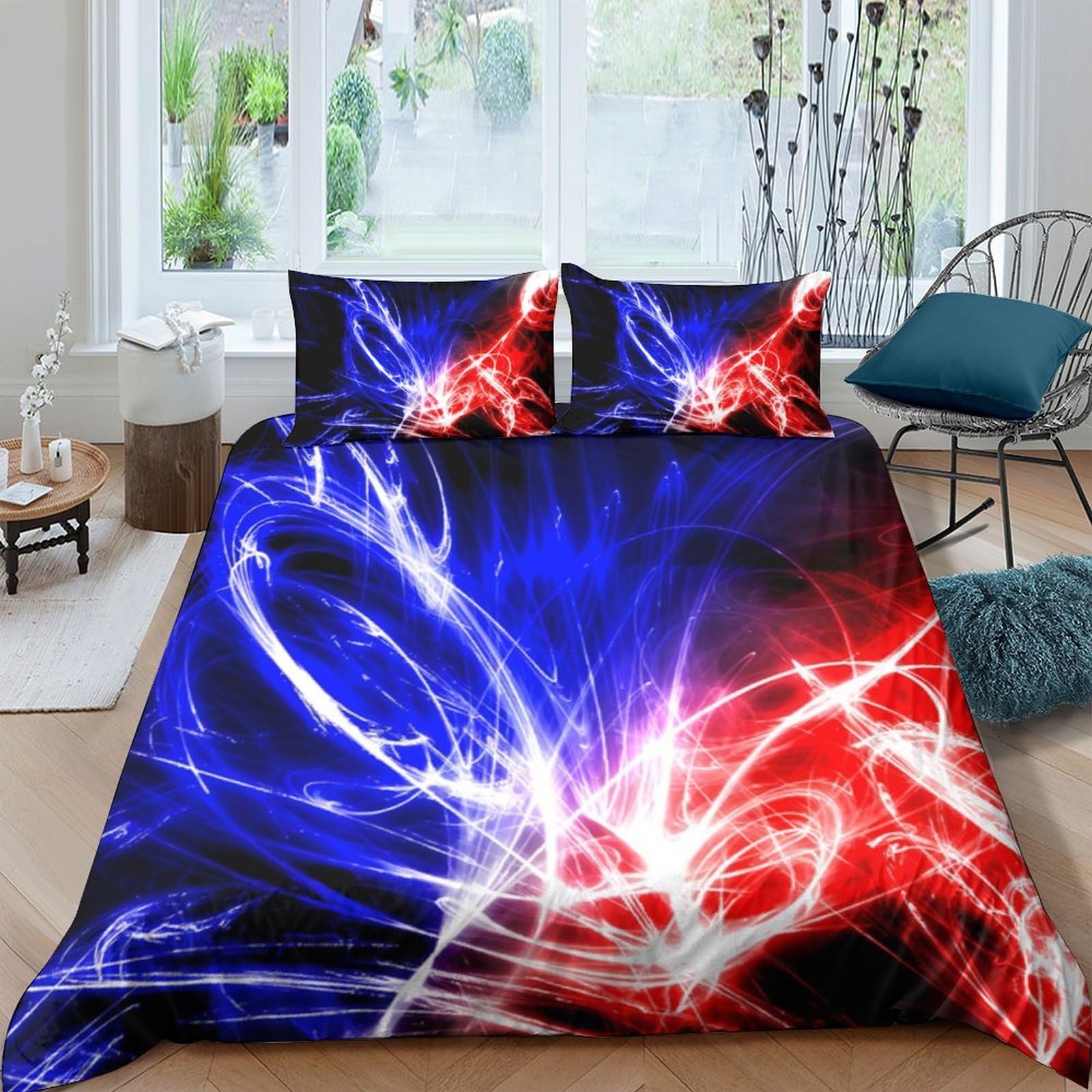 GPLZQXKJNH 3D Printed Electric Wave Duvet Cover Set Microfiber Soft Red Blue Lightning Bedding with 2 Pillowcases for Bedroom Decor Single（135x200cm）