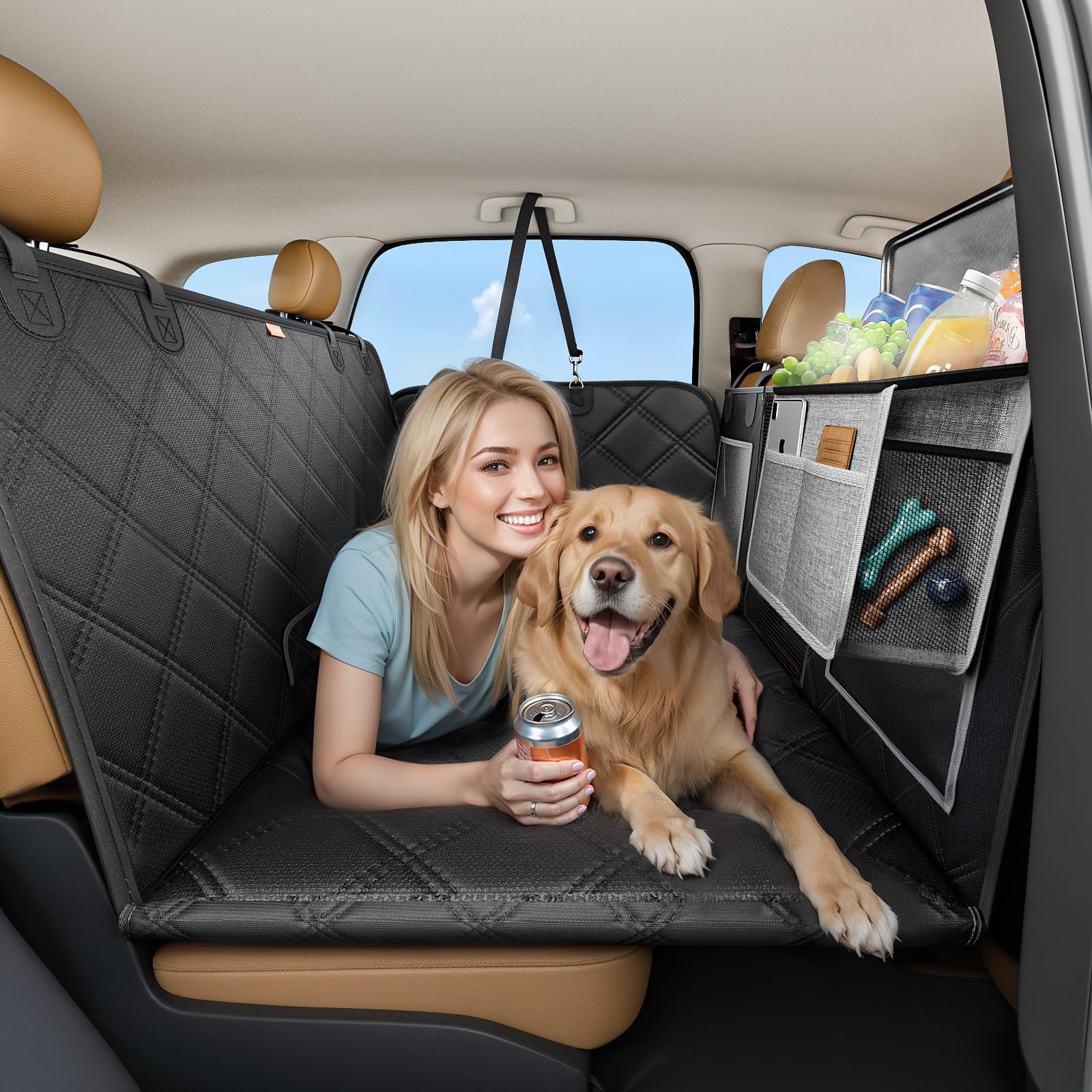 DROEDO Hard Bottom Car Seat Cover for Dogs,Holds up to 500lbs,Waterproof Back Seat Extender for Dogs,Large Dog Hammock for Car SUV Truck,Dog Car Seat Cover with Travel Cooler Bag,Designed in The USA