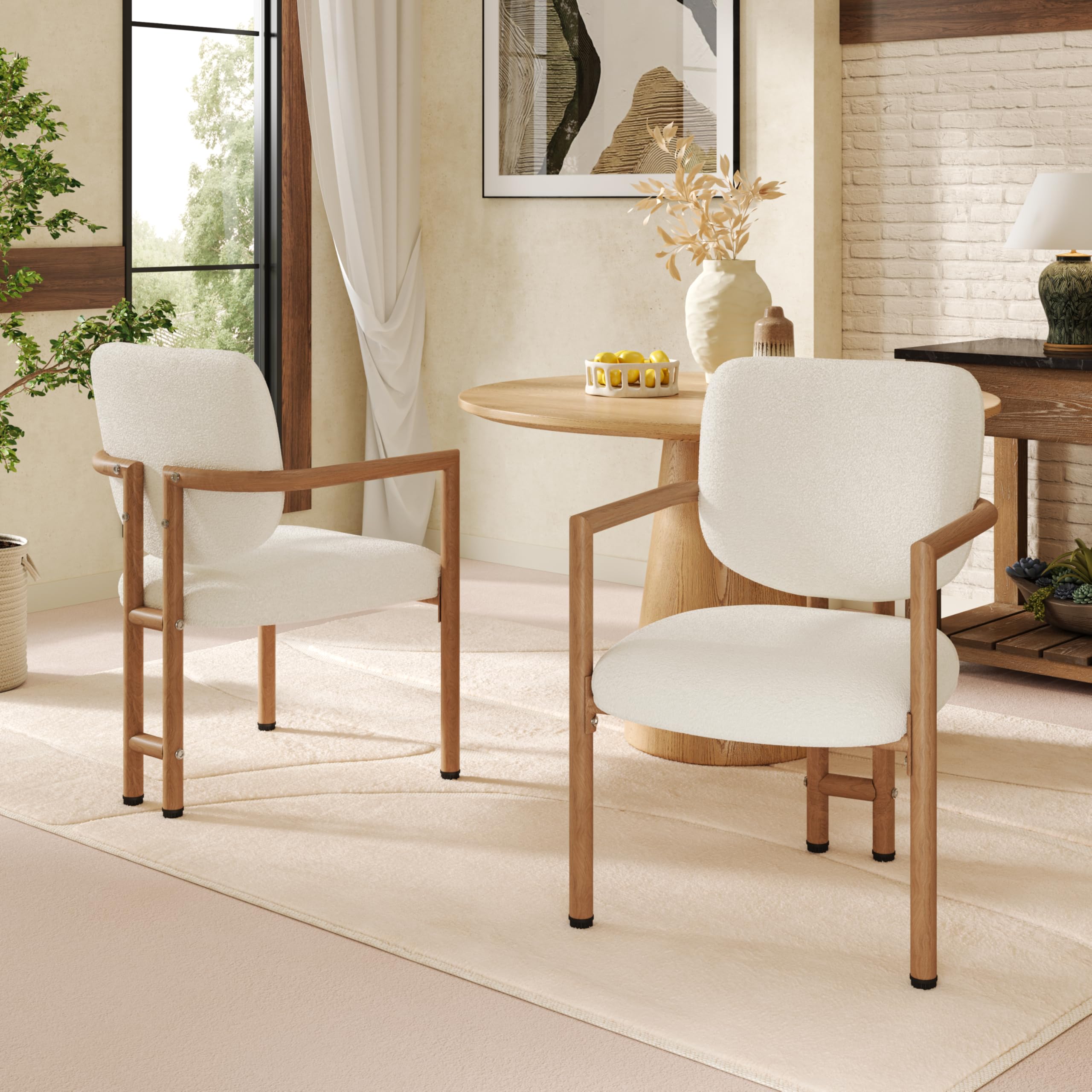 BTM Set of 2, metal chairs, dining chairs, suitable for homes, restaurants, living rooms, and cafes, boucle, natural wood color