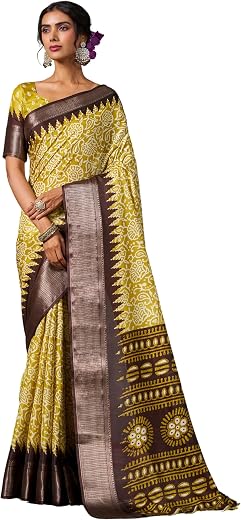 EthnicJunction Women's Printed Dola Silk Saree with Woven Zari Border &amp; Blouse Piece