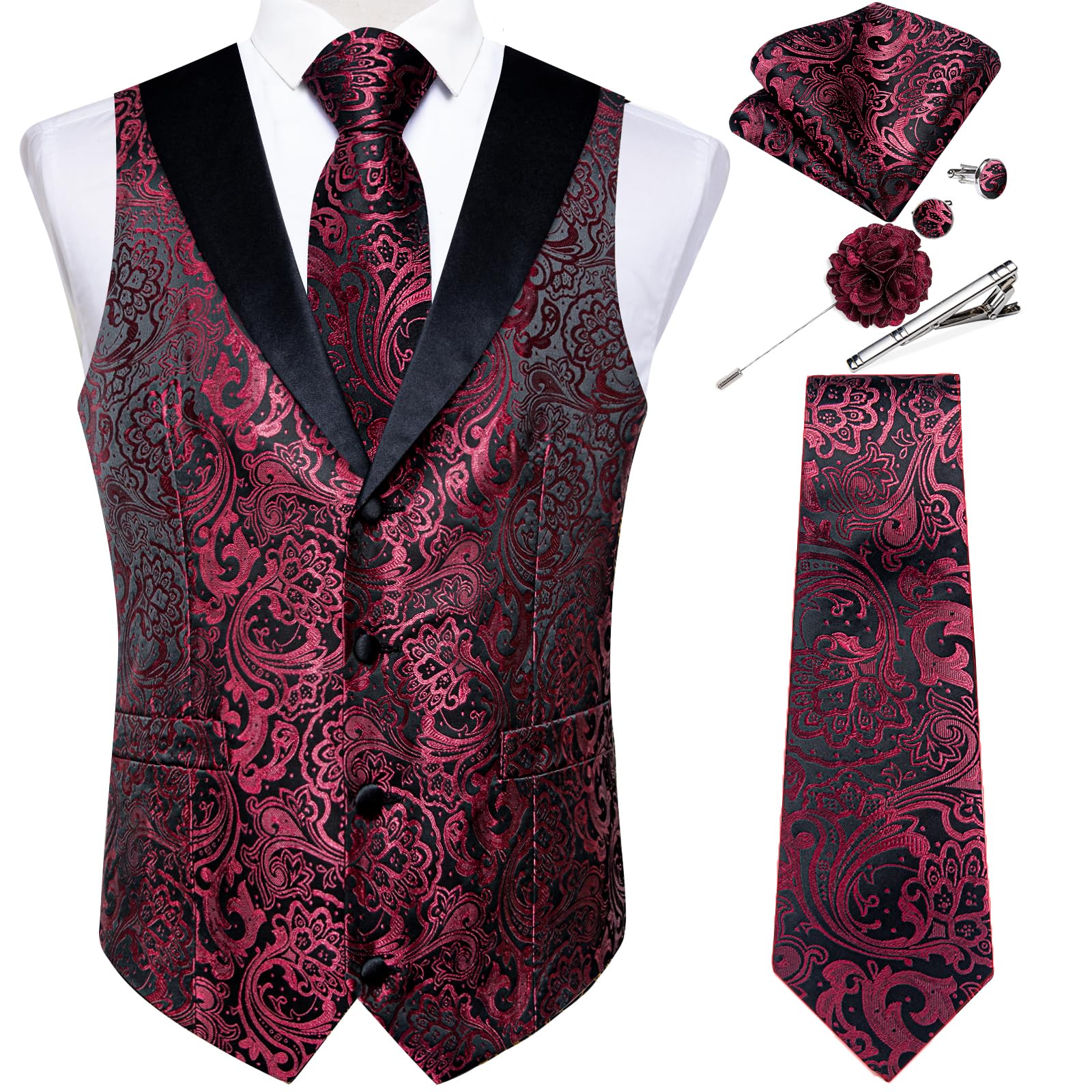 DiBanGu Mens Paisley Suit Vest Silk Jacquard Waistcoat and Necktie Set Formal Shawl Collar Dress Vest 7PCS for Wedding Party