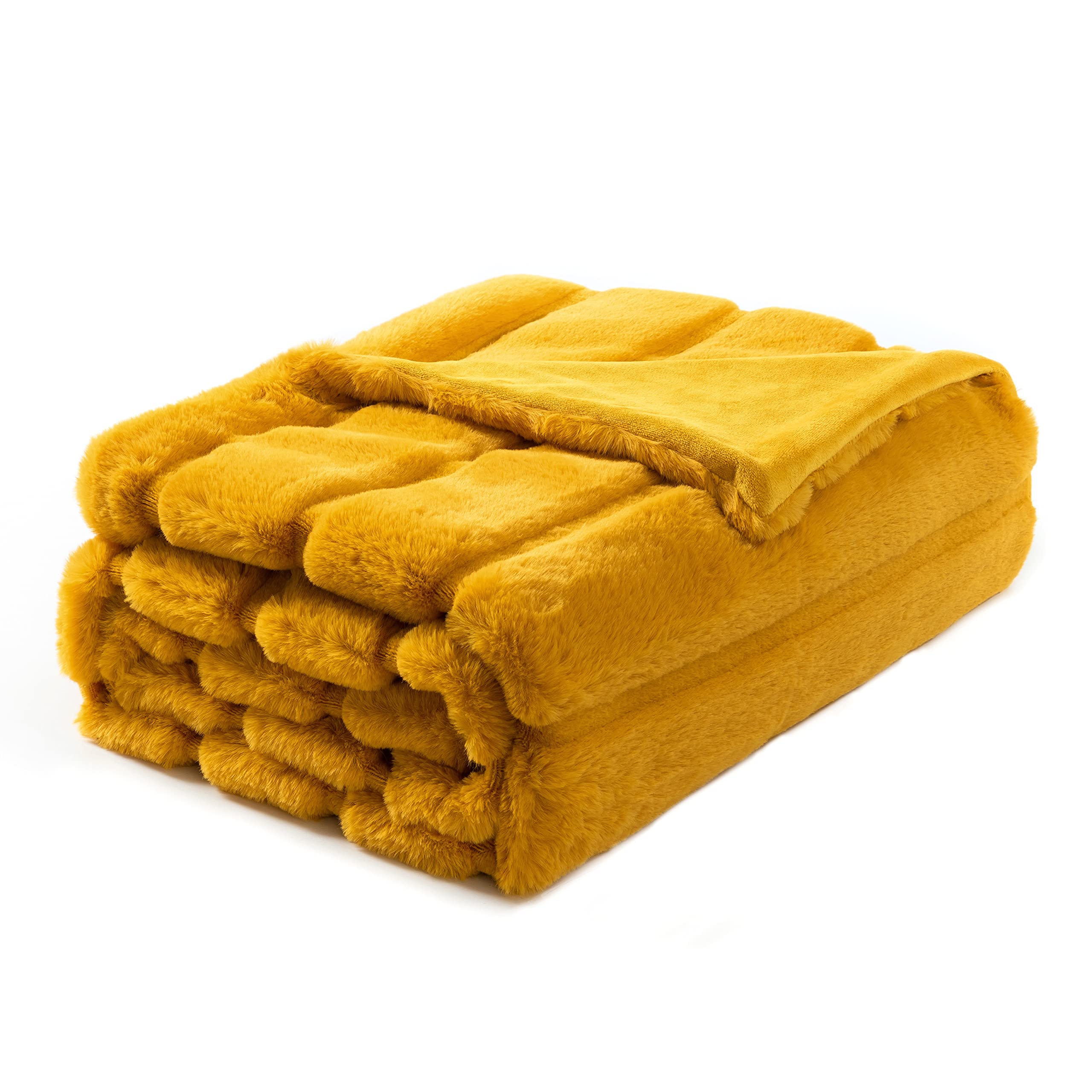Cozy Bliss Luxury Super Soft Striped Faux Fur Throw Blanket for Couch, 60"x80" Ginger Yellow,Warm Milky Plush Blanket for Sofa Bed Living Room Bedroom (Stripe-Ginger Yellow)