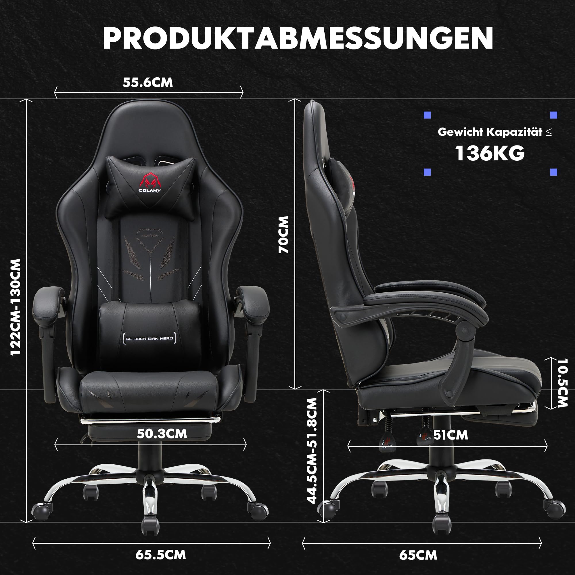 COLAMY Gaming Stuhl, Computer Stuhl mit Fußstütze und Lendenwirbelstütze, höhenverstellbarer Gaming Chair mit 360°-Drehsitz und Kopfstütze, Video Gamer PC Stuhl, Ergonomische hohe Rückenlehne, Schwarz