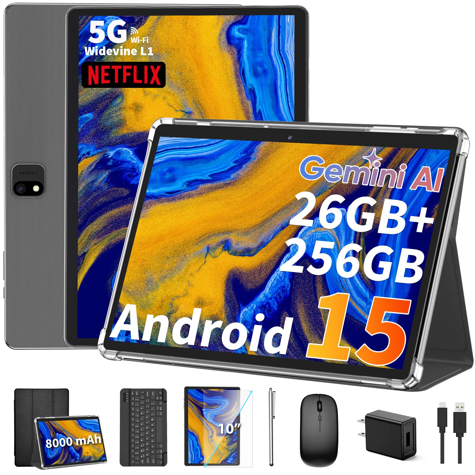 2025 Android 15 Tablet with Keyboard, 26GB(6+20)RAM+256 Storage(Expand to 2TB), 8000mAh Battery, Widevine L1, 10 Inch 2-in-1 Tablets with 5G/2.4G WiFi, BT5.0, GMS Certified, Mouse, Case, Stylus(Black)