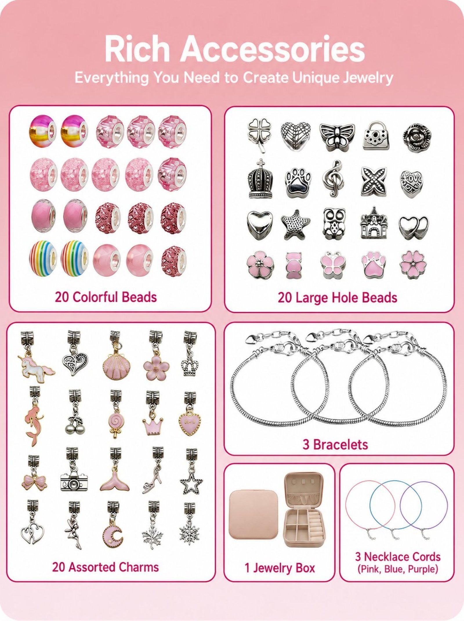 Zestaw do robienia bransoletek charms z pudełkiem na biżuterię, w tym koraliki i zawieszki, materiały do tworzenia biżuterii DIY