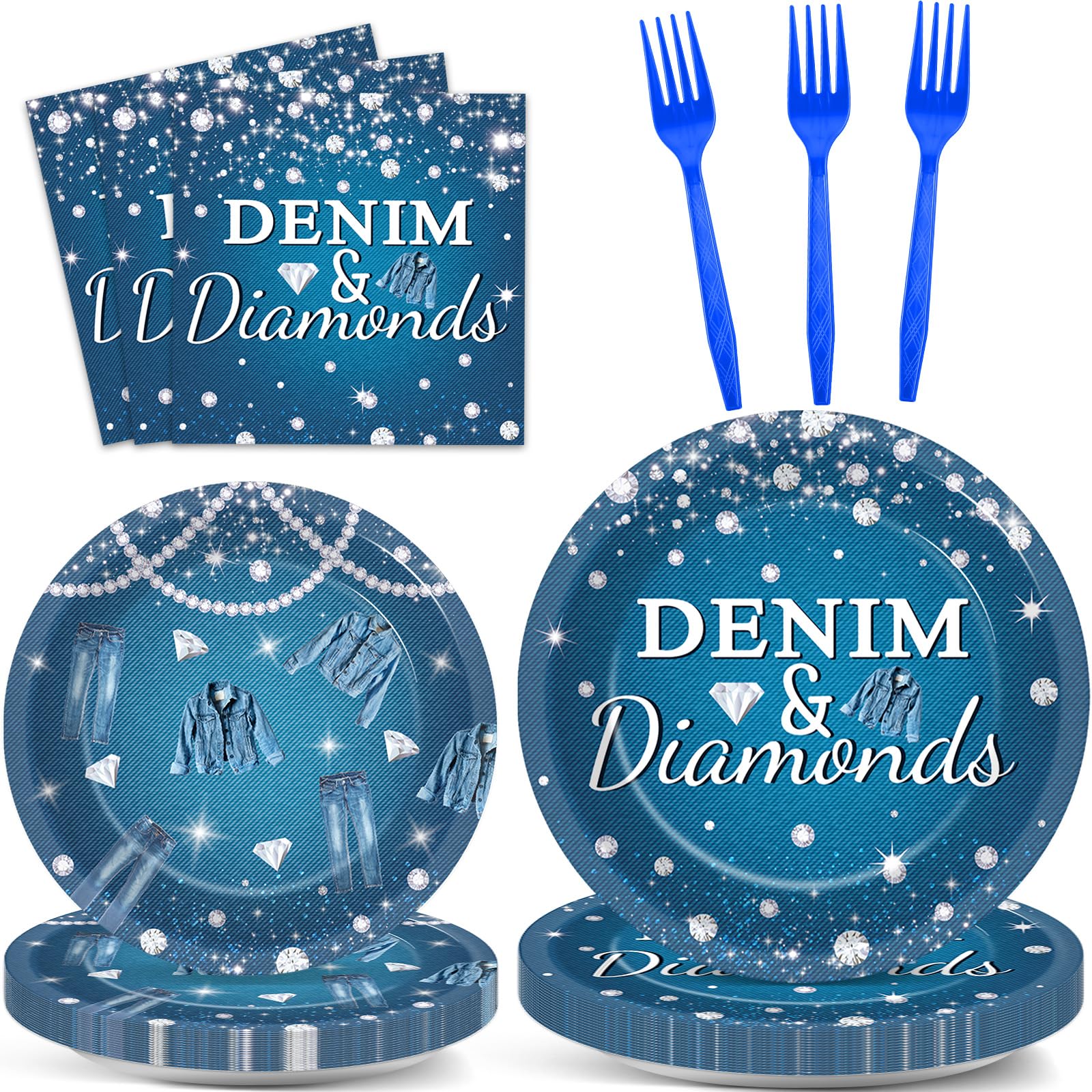 gisgfim 96Pcs Denim and Diamonds Party Plates and Napkin Party Supplies Denim Theme Party Jacket Jeans Tableware Set Crystal Paper Dinner Bachelorette Party Decorations for Wedding Serves 24