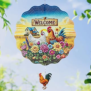 Farmhouse Rooster Wind Spinners Outdoor - Chicken Gifts for Women Mom Men Dad Grandpa, 3D Cute Wind Spinner for Yard Patio Ornament Garden Decor, 12 Inch Hanging Kinetic Metal Wind Sculpture