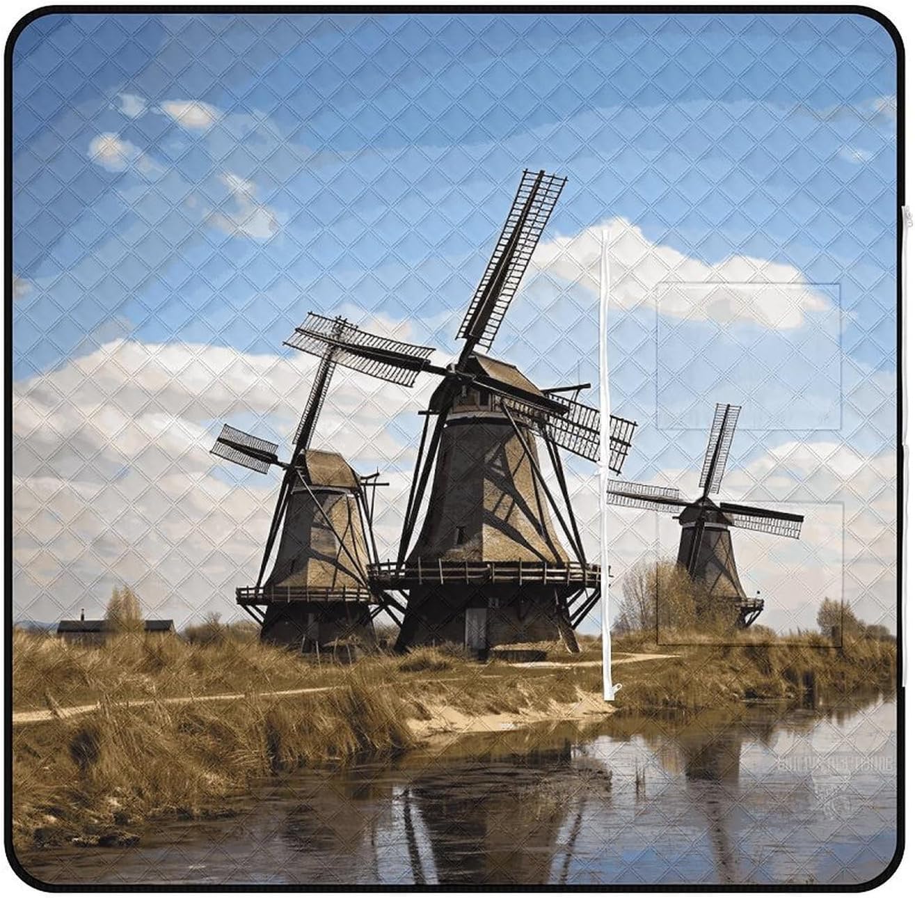 Windmills Picnic Blanket 150x150cm, Foldable 2-in-1 Picnic Mat and Tote Bag Portable Waterproof Beach Mat Sandproof Outdoor Blanket for Park, Hiking, Beach, Camping, Travel