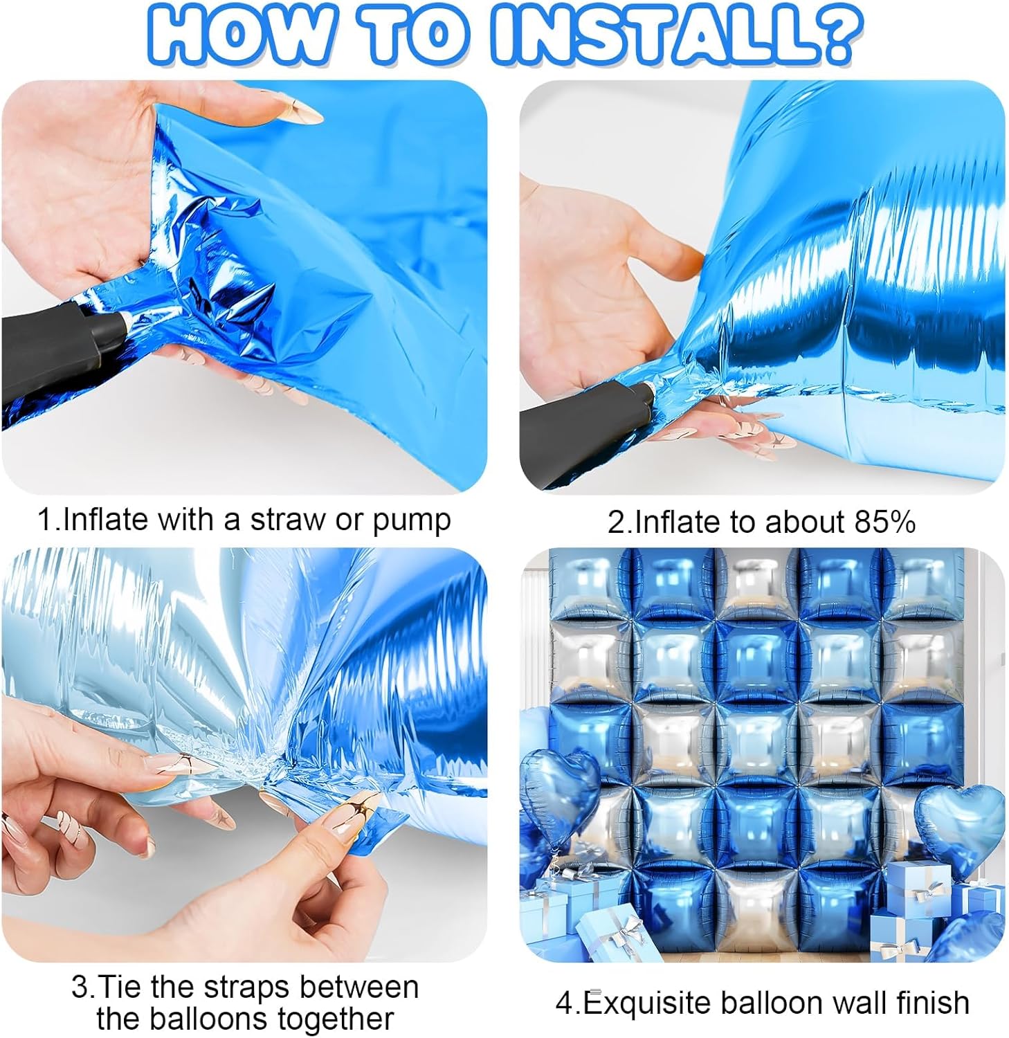 Blue Silver Square Foil Balloon Wall,25Pcs Double Sided Balloon Backdrop Helium Mylar Balloon Tunnel Arch Garland Kit for Birthday Bridal Anniversary Baby Shower Party Decorations