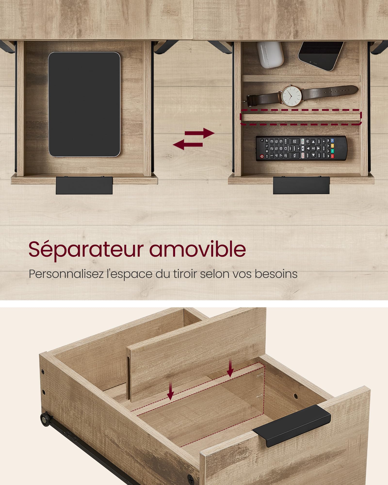VASAGLE Table d’Appoint avec Multiprise, Petite et Fine avec 2 Tiroirs, Table de Chevet avec Rangement, pour Salon, Chambre, Marron Camel et Noir d'encre LET325K01