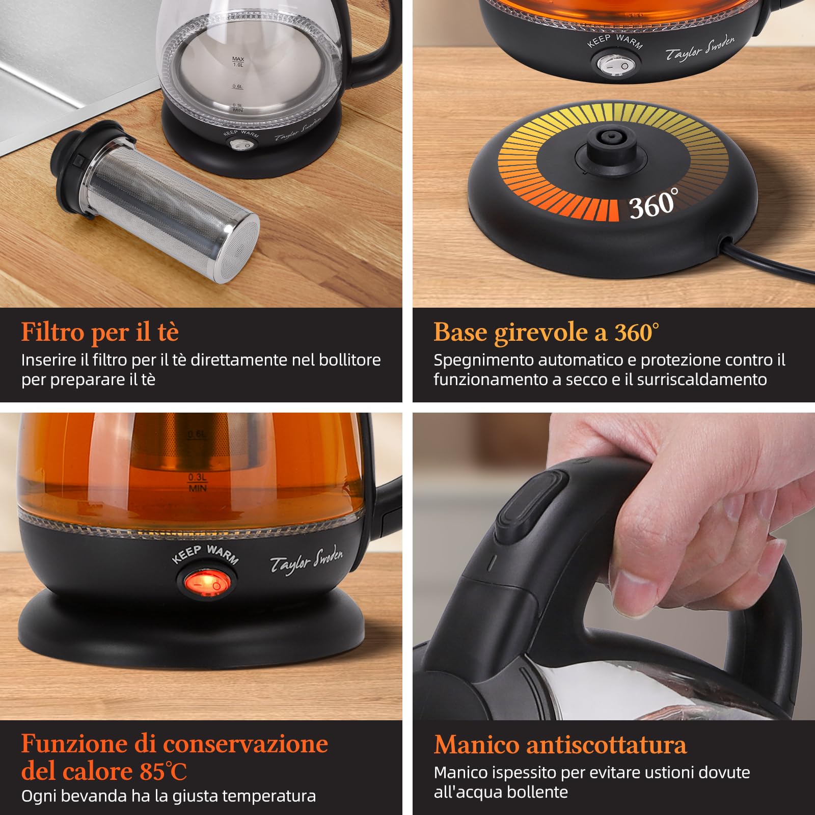 Taylor Swoden Abel - Bollitore Elettrico da 1 Litro, Bollitore in Vetro Borosilicato 2200W, Luce Led, funzione di Mantenimento Caldo, Con Infusore e Filtro Rimovibile, Teiera BPA-Free
