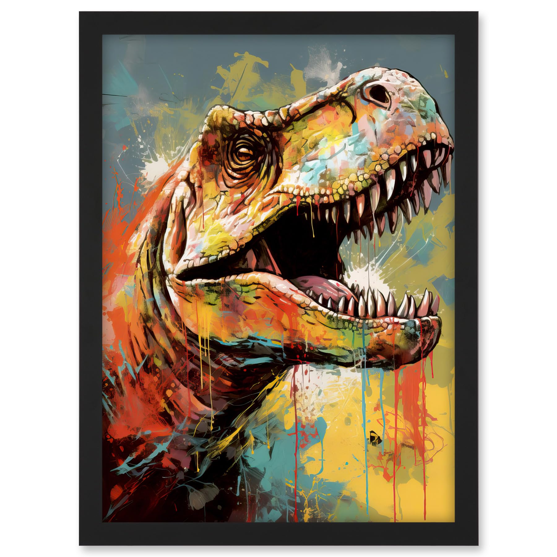 Artery8 T-Rex Roaring Dinosaur Multicoloured Portrait Artwork Framed A3 Wall Art Print
