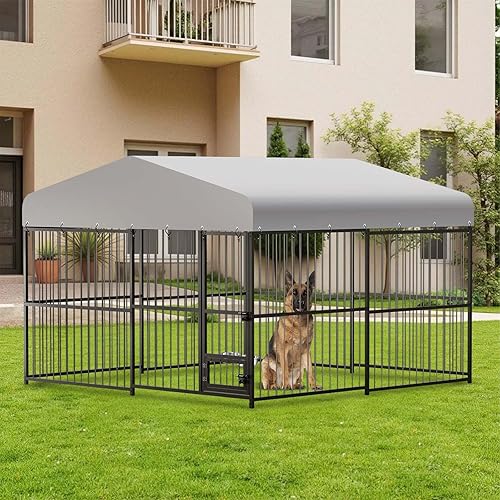 Miniatura 8 de Jaula para perros de 10 x 10 x 6 pies, jaula de metal resistente con cubierta superior impermeable, cuenco giratorio de acero inoxidable para todas