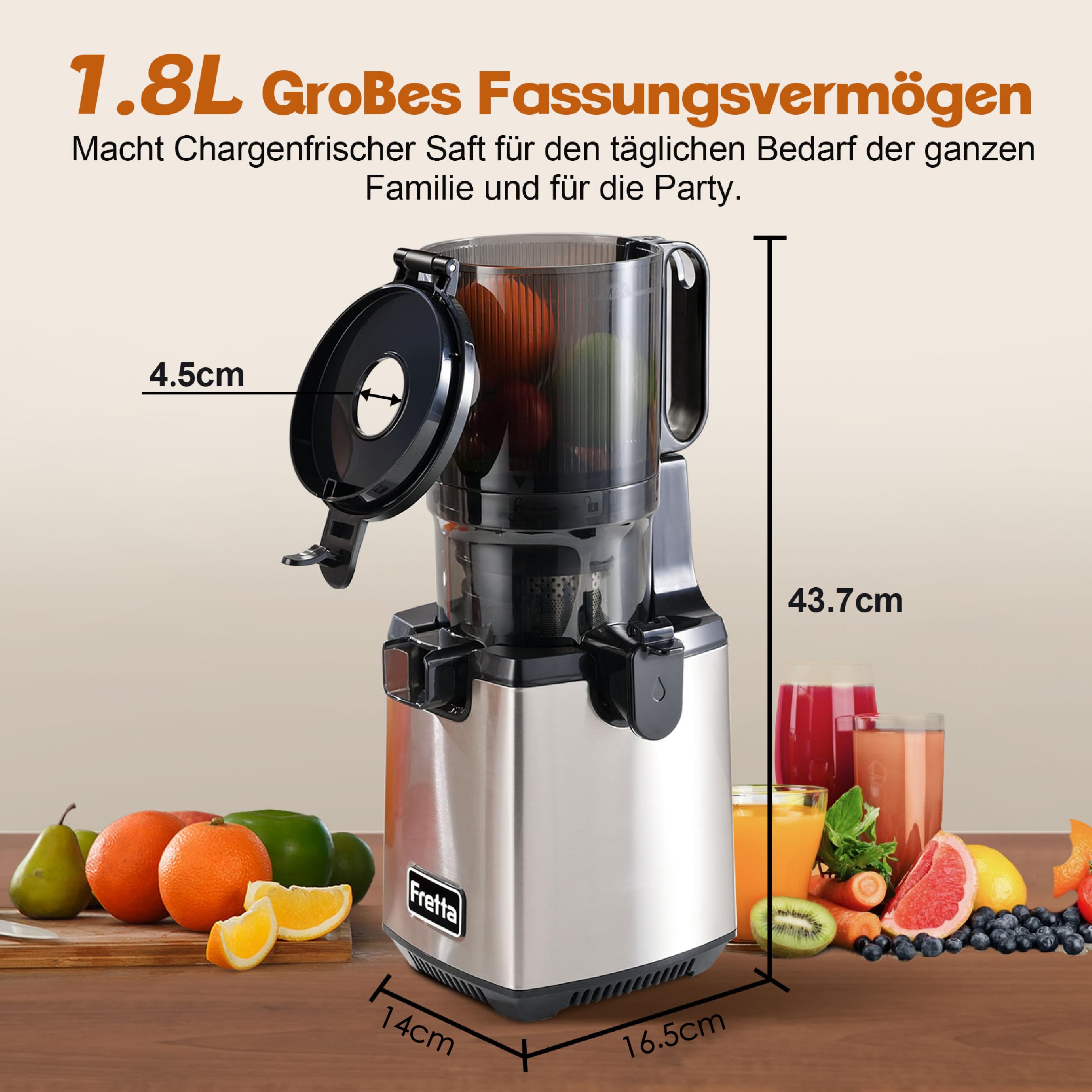 Fretta Entsafter Slow Juicer Machine, Entsafter Gemüse und Obst Testsieger | BPA Frei, 250W, Edelstahl, 135mm Öffnung, Ganze Früchte, Leicht zu Reinigen, Leiser, Umkehrfunktion, Hohe Saftausbeute