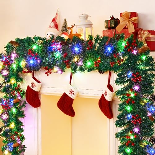 Yastouay Guirnalda de Navidad iluminada para exteriores, guirnalda de Navidad para barandilla de escaleras, guirnalda de Navidad preiluminada con