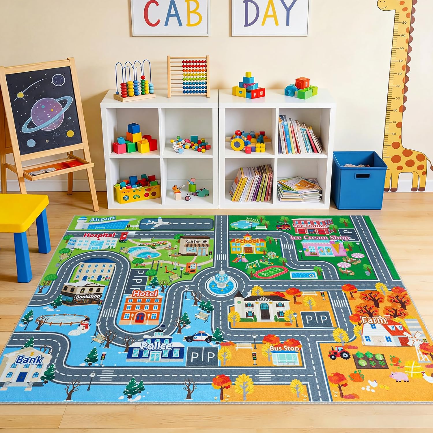 Car Rug for Kids Toy Cars, Town City Track Road Carpet Playmat with Non-Silp Backing, Traffic Playmat for Road Washable Rugs Four Seasons Theme Traffic Mat for Kids Room Bedroom Game Safe Area, 3'x4'