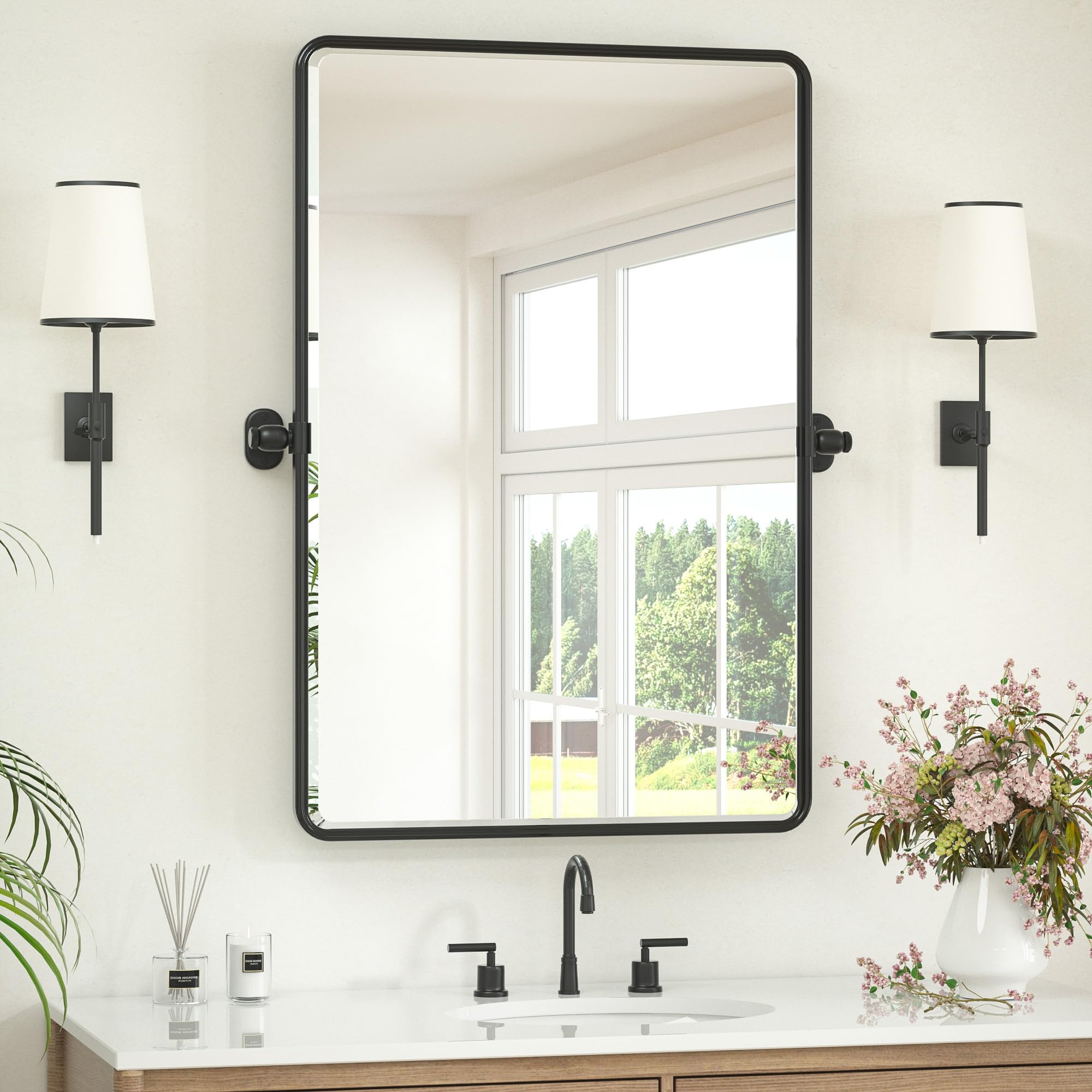 Keonjinn 24x36 Inch Tilt Mirror Bathroom, Black Aluminum Alloy Pivot Mirror for Bathroom, Beveled Pivot Rectangle Mirror for Over Sink, Farmhouse Tilting Mirror Wall Mount (Horizontal/Vertical)