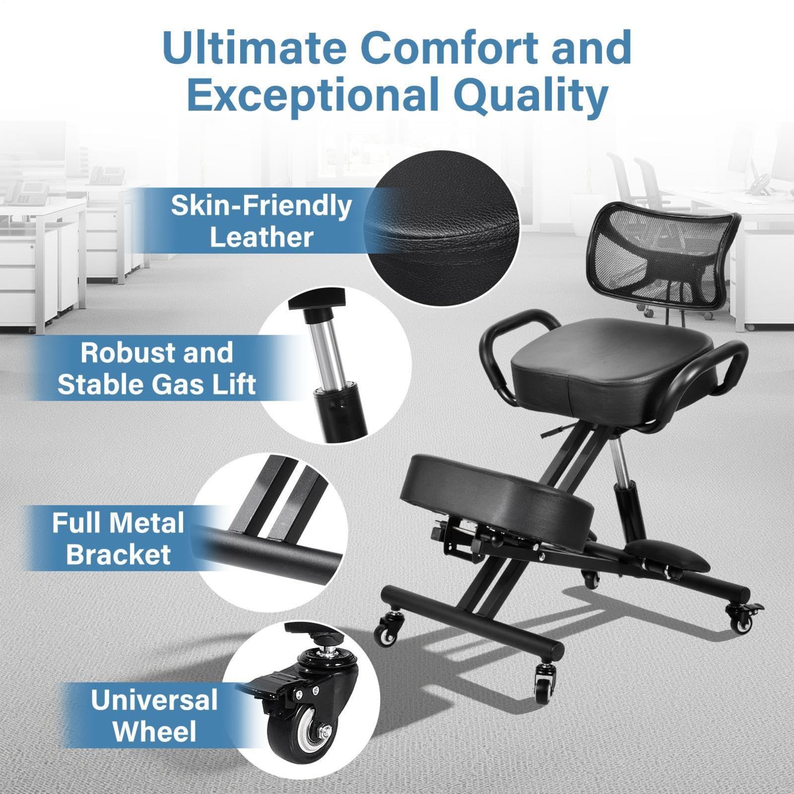 Silla ergonómica de rodillas con respaldo y reposapiés, Altura Ajustable, Cojines Gruesos, Ruedas con Bloqueo para Oficina en casa, Taburete Corrector de Postura para aliviar el Dolor de Espalda.
