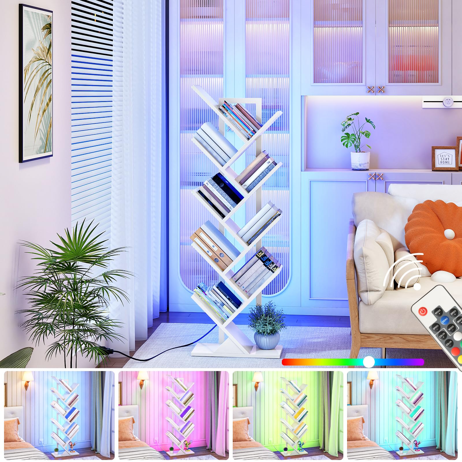 HOOBRO Librería en Forma de Árbol de 8 Niveles, Estantería Esquinera de Pie, Biblioteca Moderna con Marco de Metal para Libros, CDs, Salón, Dormitorio, Oficina, Blanco EWW08CDSJ01