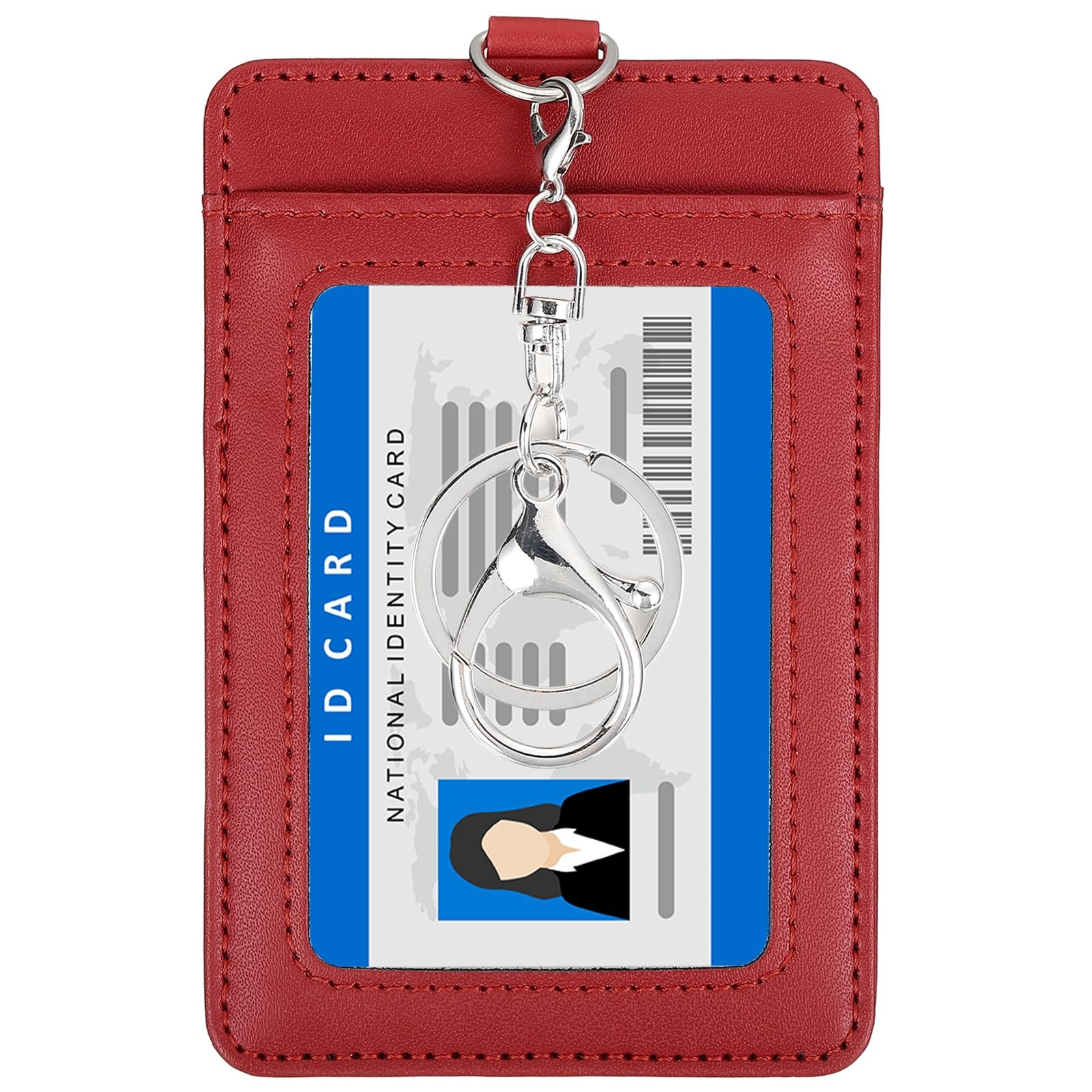 PATIKIL 4.7 x 3.2 x 0.2 Leather Badge Holder with Clear ID Window, Front Pocket Vertical Credit Card Holder & Swivel Metal Clasp Keyring for Employees, Staff, College, Red
