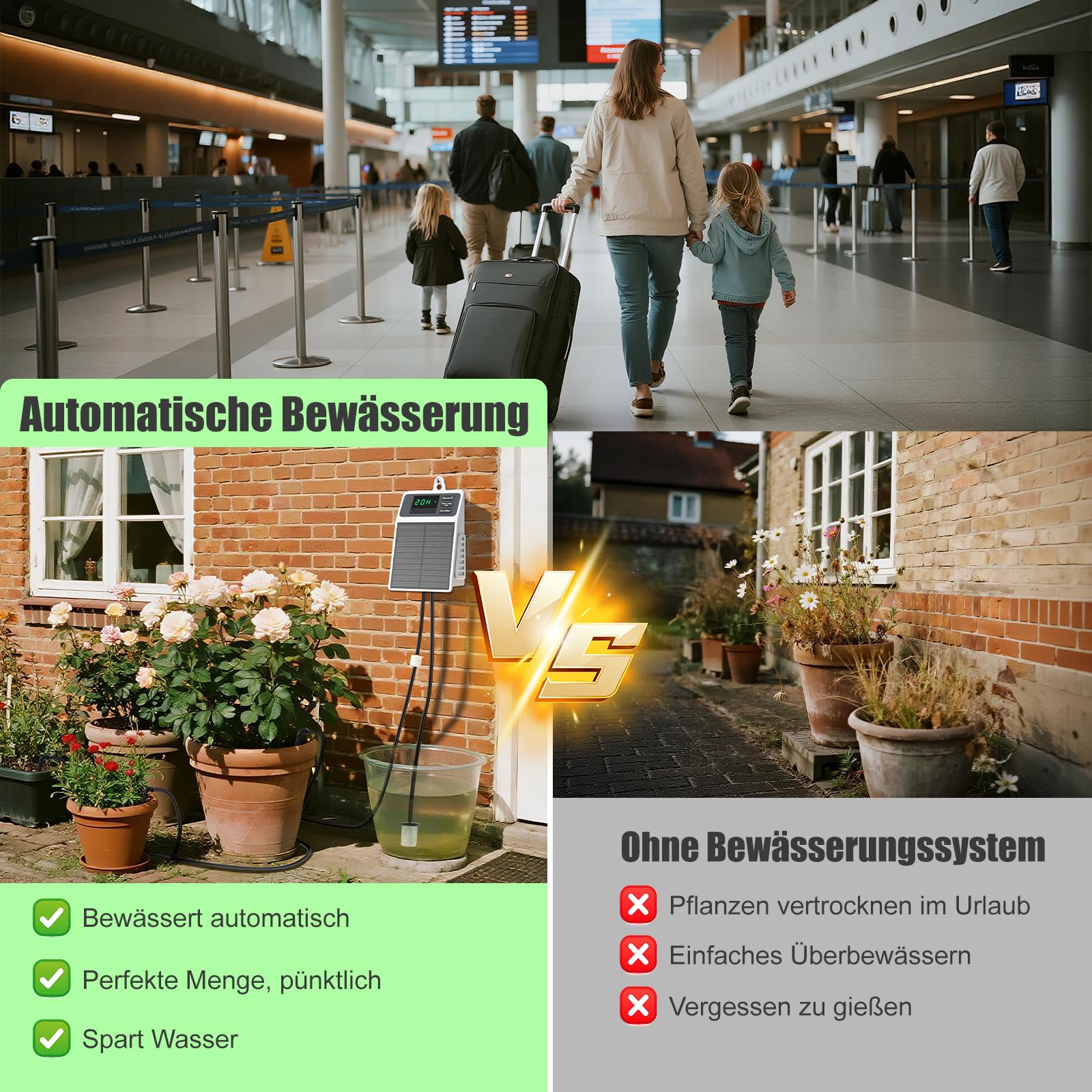 Uzoli SOP17 Solar Bewässerungssystem Garten mit 2200 mAh Akku | Automatische Tropfbewässerung mit 10m Schlauch • Einfach zu bedienen • Ideal für Balkon, Hochbeet, Gewächshaus, Topfpflanzen