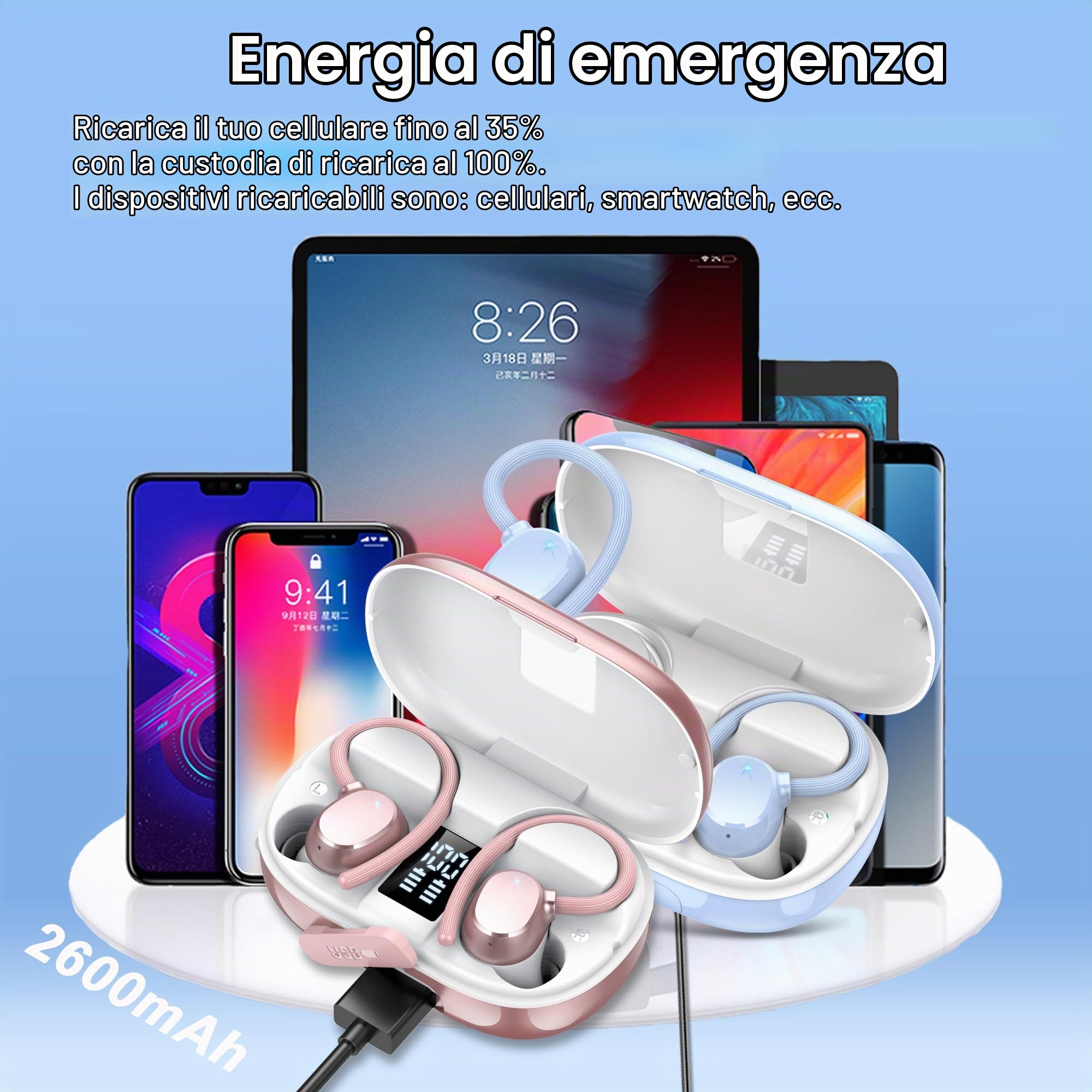 hadbleng Cuffie Bluetooth 5.3, Auricolari 128H Stereo Cuffie Wireless In Ear con 4 Mic, 2025 Cuffie Senza Fili ENC Cancellazione Rumore Cuffiette Bluetooth Sport LED Display IP7 Impermeabili Earbuds