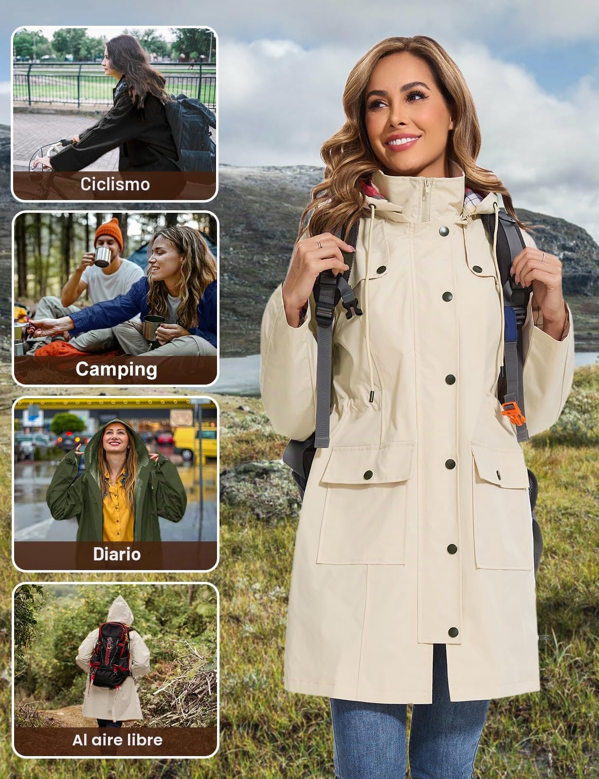 heekpek Chaqueta Chubasquero Mujer Parka Impermeable Largo Abrigo Ligero Gabardina Mujer Impermeable con Capucha y Bolsillo