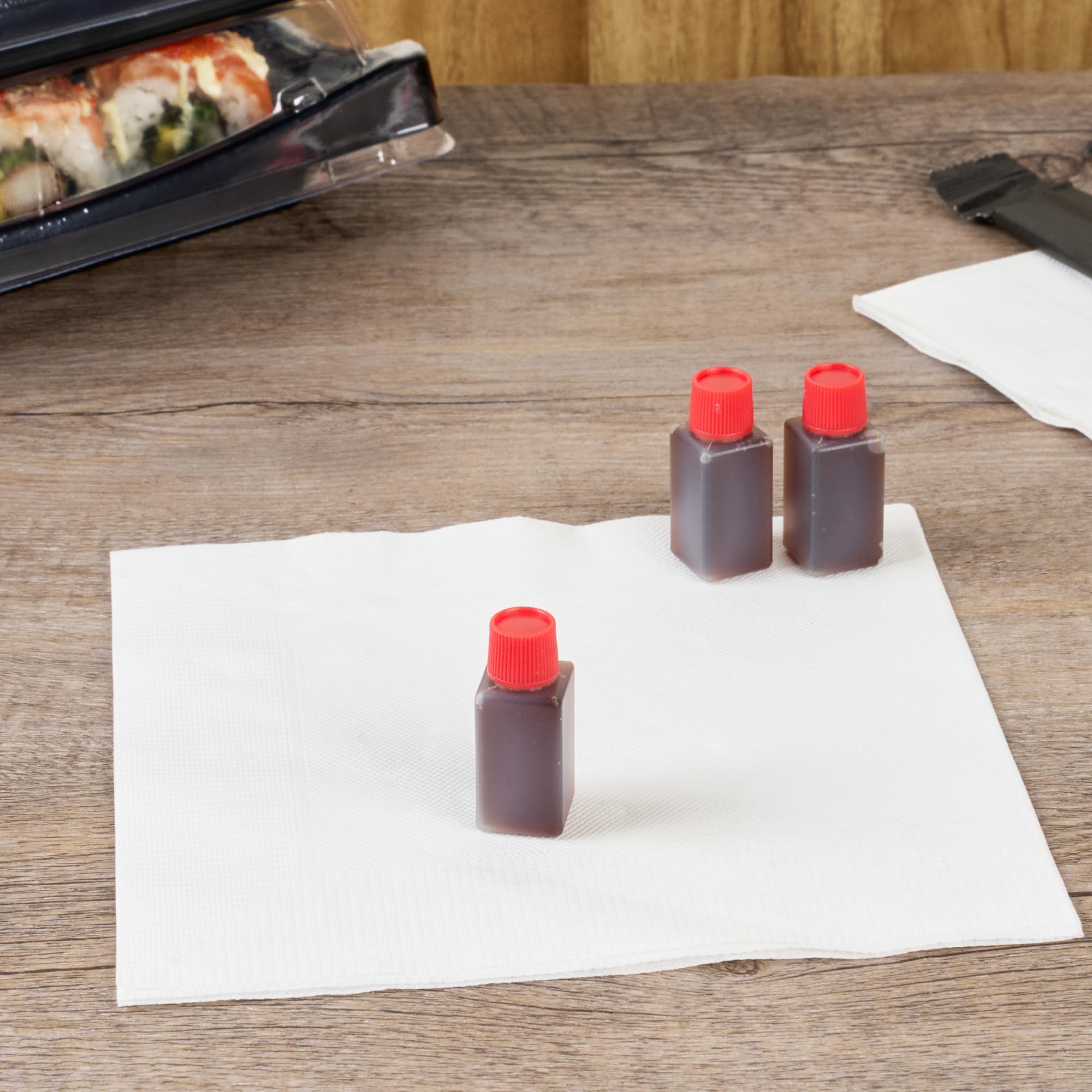 Restaurantware -Bento Tek - Mini botellas de salsa de soja de 6 mililitros, 1000 mini botellas desechables para condimentos con tapas rojas, paquete de condimentos, vinagre o salsa, botellas de