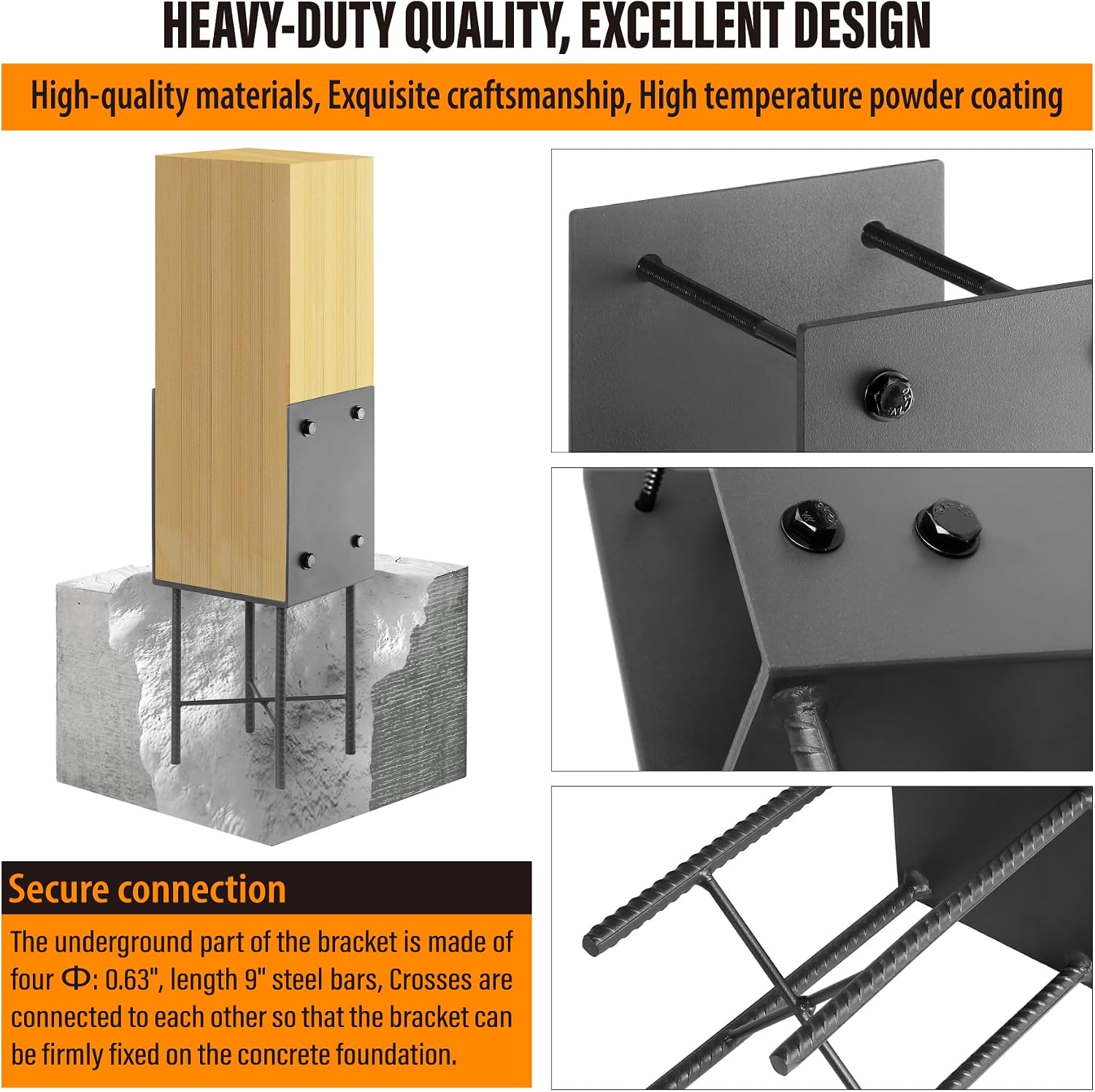 2 Pack Heavy Duty Stainless Steels U-Shape 8"x8"(Actually 7.5"x7.5") Wet Concrete Fence Post Holder, Psot Base, for Fence, Deck Railing, Pergola Wood Post Bracket Anchor (Dark Grey) image 4
